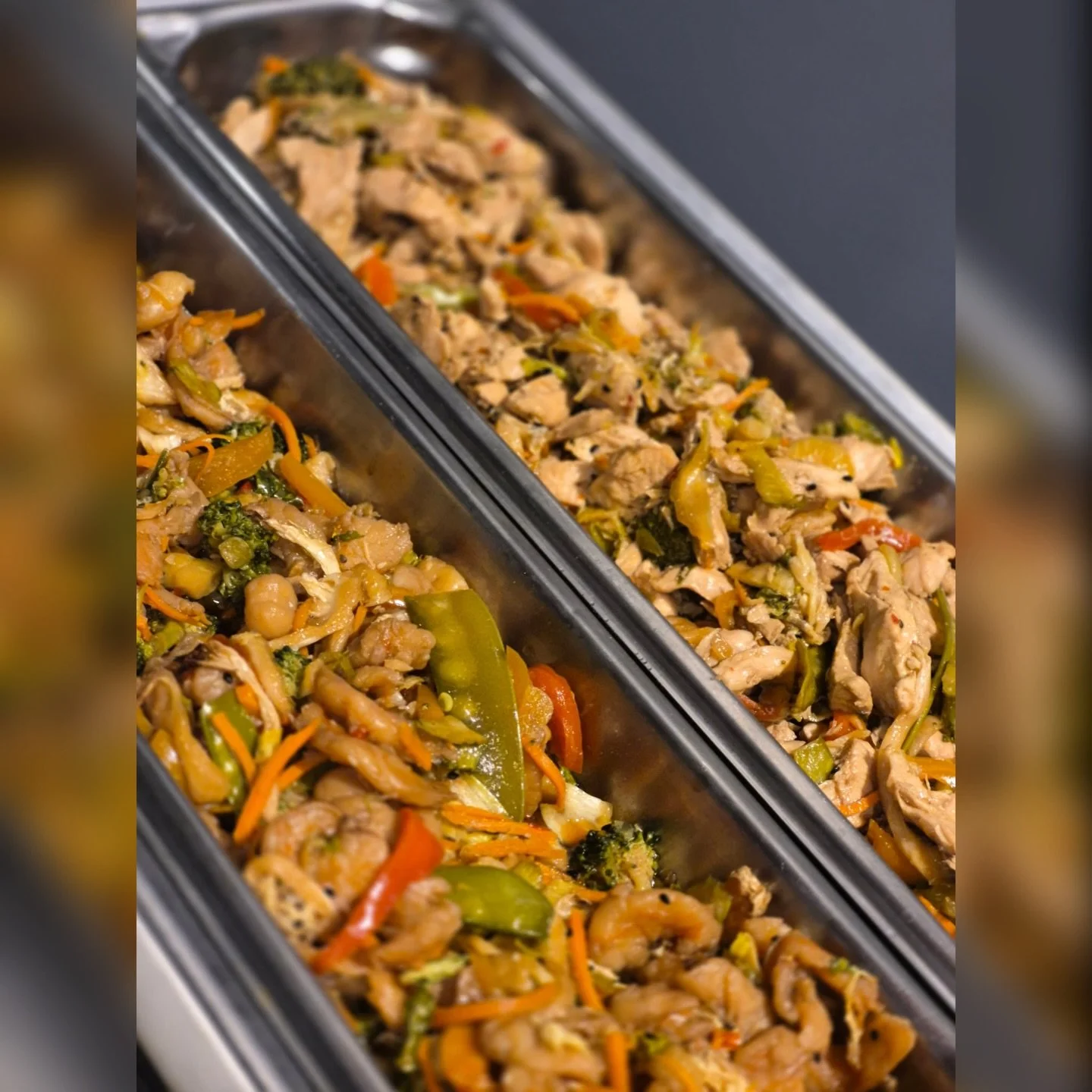 Three different stir-fries for our event at eGenesis including chicken, shrimp and tofu served with coconut rice