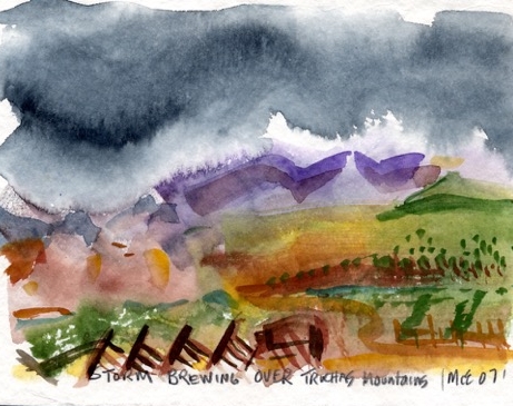 "Storm Brewing Over Truchas Mountains", watercolor