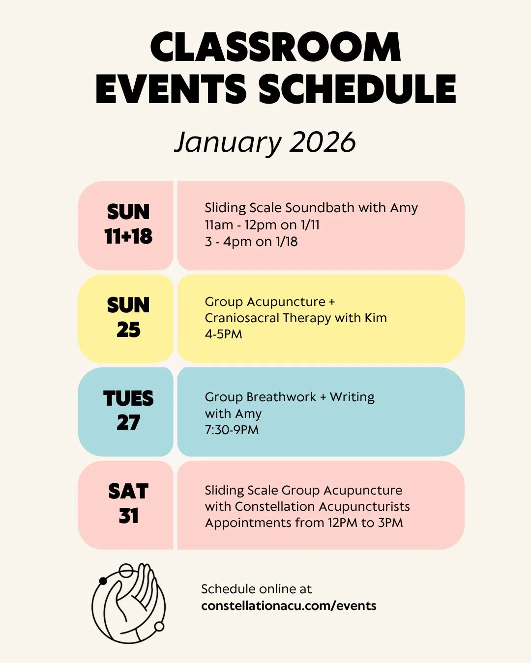 This Sunday is the first class in our new clinic classroom and we are excited to share this lineup of offerings for the first month in the new space (our clinic didn&rsquo;t move - check out our recently pinned post to learn more about our exciting n
