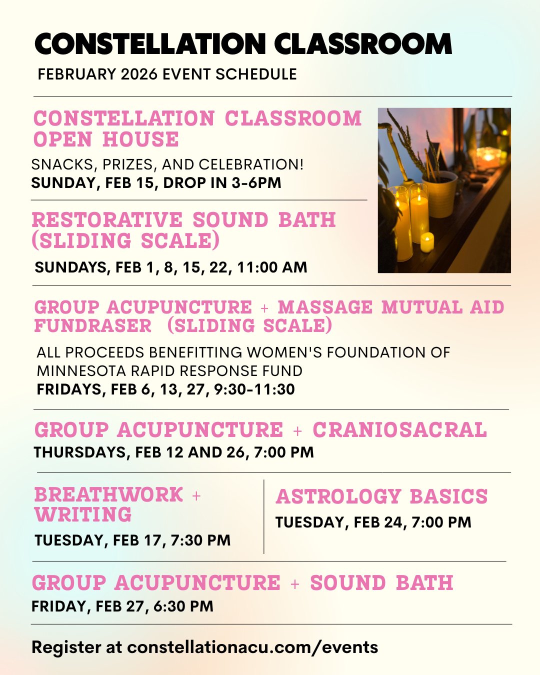 We have so much goodness coming up in the Constellation Classroom in February and we hope you&rsquo;ll join us!

These offerings are a great way to supplement any regular private sessions you get, an opportunity to try out a modality you&rsquo;ve bee