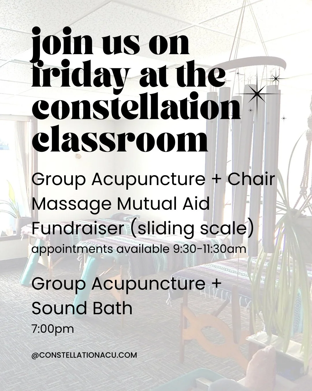 End this week with a soothing pause and join us at the Constellation Classroom! On Friday we have two events - one in the morning and one in the evening - and there&rsquo;s still a few spots available. ⁠
⁠
☀️Group Acupuncture &amp; Massage Therapy Mu