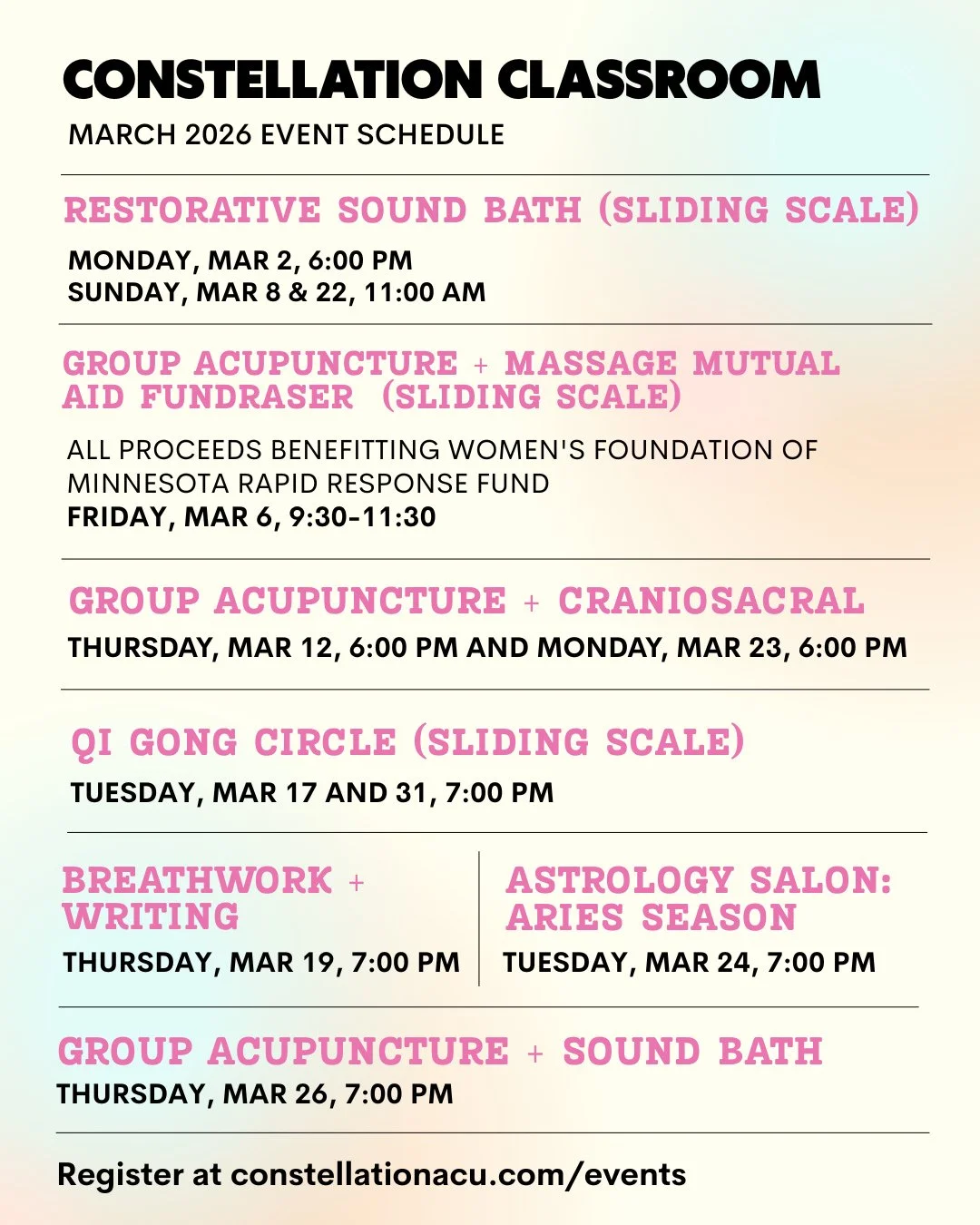 The Constellation Classroom March schedule is ready for you and we&rsquo;ve got many favorite offerings returning plus a few new ones! Bring a friend or come make new ones. Community healing is our jam these days and we&rsquo;d love to have you join 