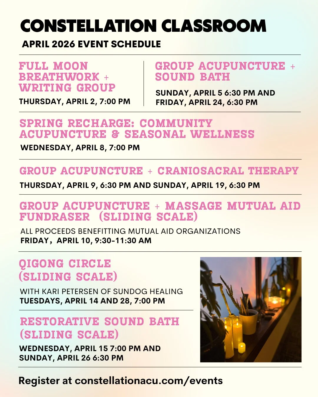 The Constellation Classroom is BLOOMING and we are so grateful to all of you for showing up for group healing work and for contributing your energy in the space. Our April calendar is full of your favorite offerings and all experience levels welcome.