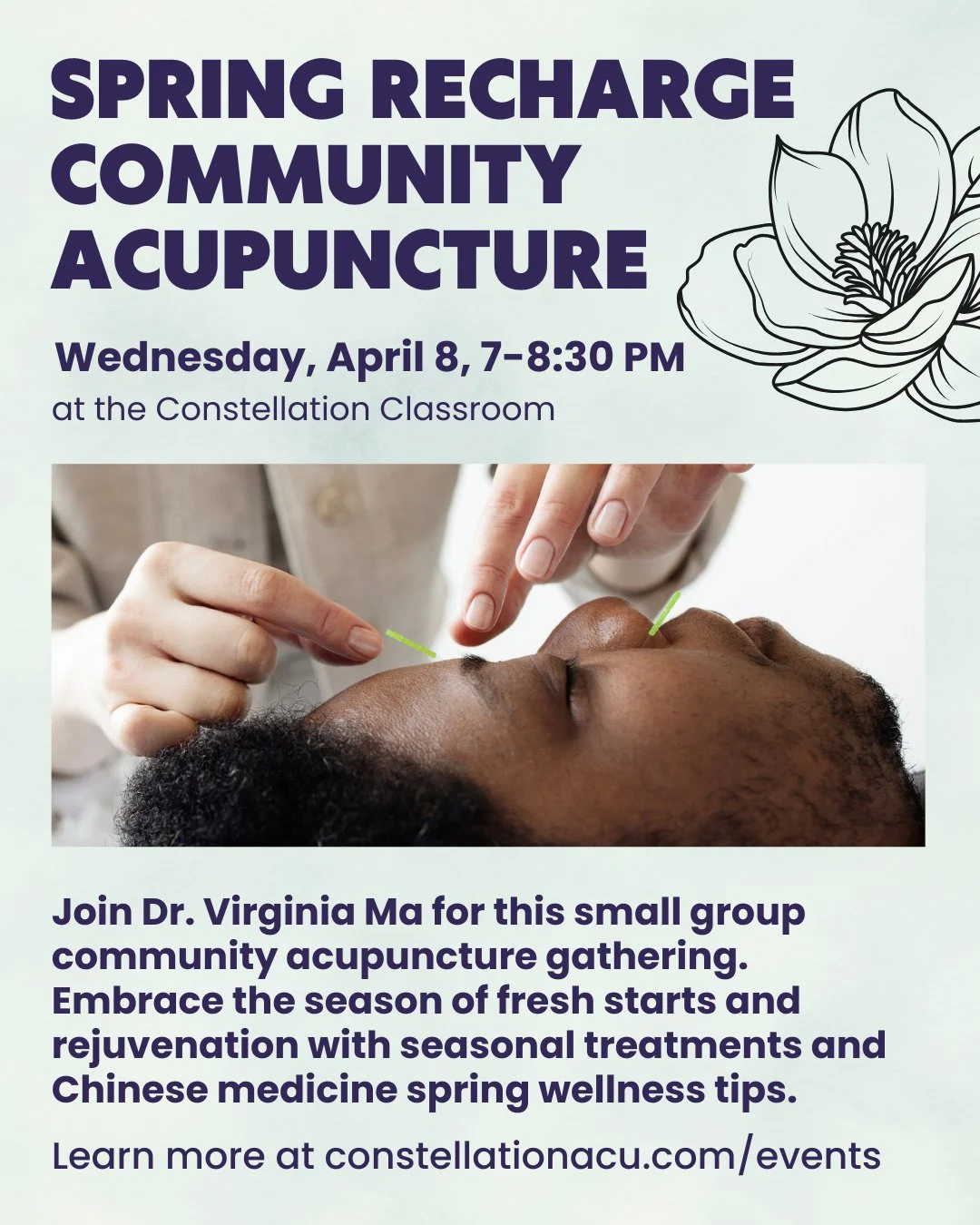Join us next week in welcoming in the spring season with an intimate community acupuncture gathering rooted in the wisdom of Chinese Medicine with Dr. Virginia Ma, LAc @virginialma⁠
⁠
☀️Spring is a time of renewal and change as we emerge from the dep
