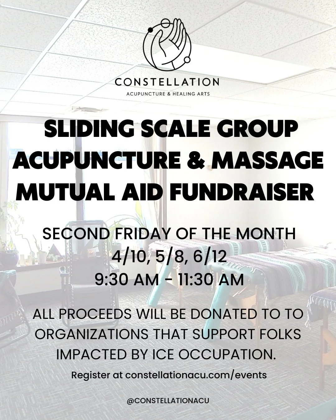 THIS FRIDAY, join @amykuretsky and Lexi for group acupuncture and massage therapy at the Constellation Classroom! ⁠
⁠
We&rsquo;ve loved being able to support our community in need with these mutual aid fundraisers while also providing an opportunity 