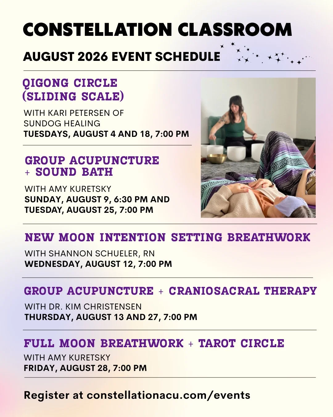 In preparation for moving from the heat of the early summer fire element into the late summer element of earth (according to Chinese medicine), we&rsquo;ve got a lot of grounding, restful opportunities at the Constellation Classroom in August. No exp