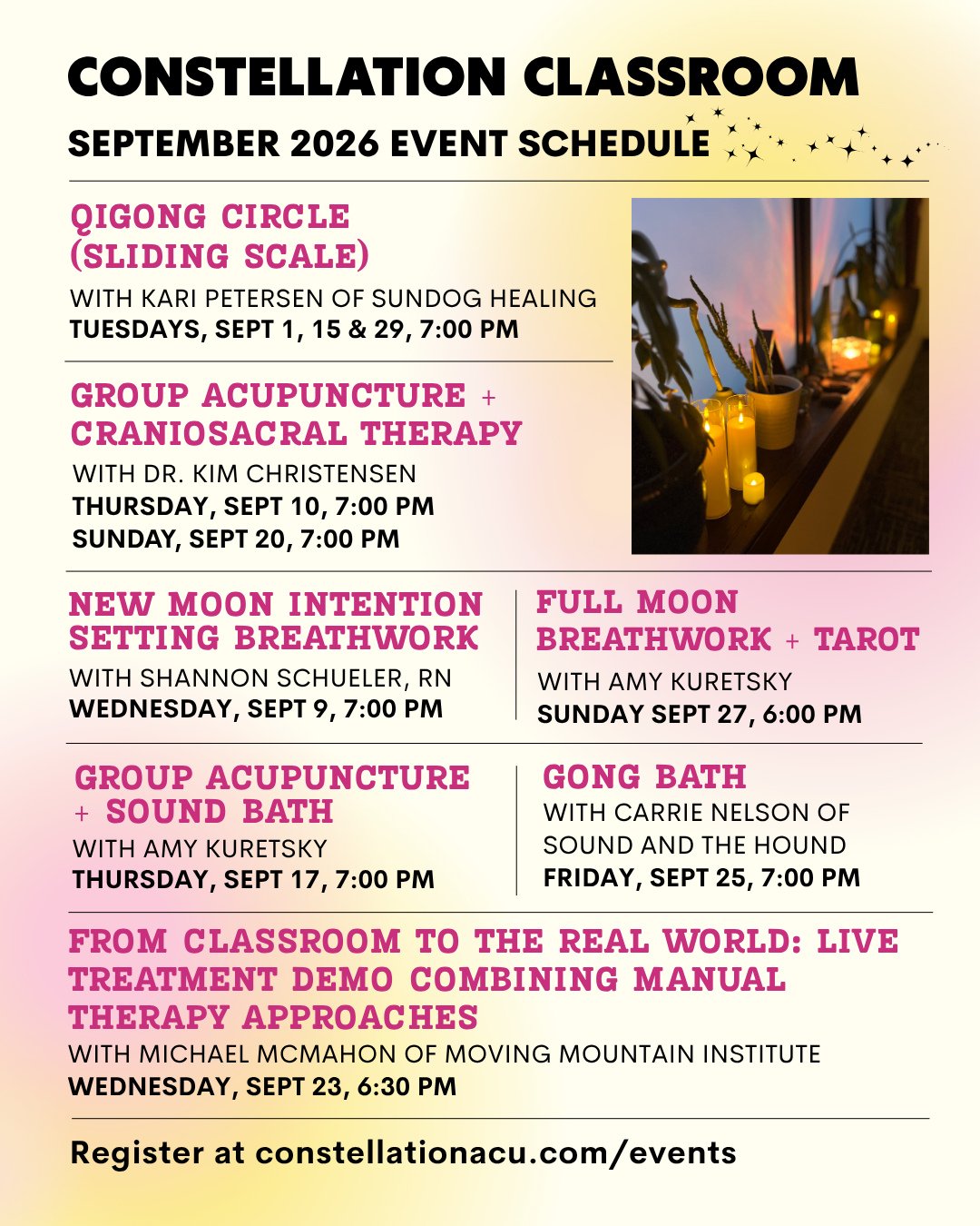 As August winds down to a close and students of all kinds are preparing to return to the classroom, we too have a great line-up of options at the Constellation Classroom. Come get some sweet care, move your body, breathe with the moon, get back into 