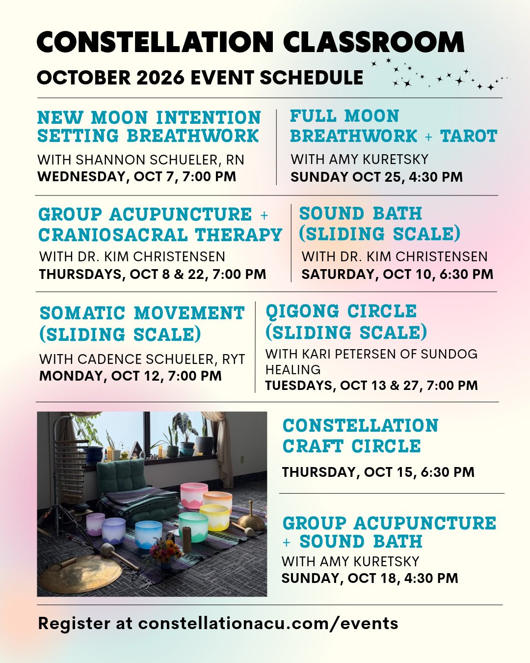 The Constellation Classroom is ready for October and we have two new events for you to try out! And we have a little bit of something for everyone: gentle movement practices, sound vibrations for relaxing, sliding scale offerings, connecting to your 