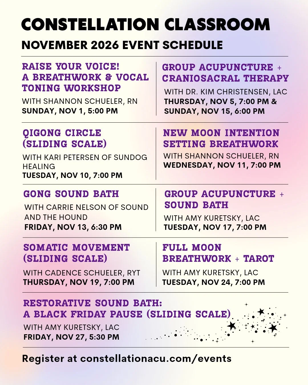 With turning the clocks back on Sunday, we&rsquo;re sinking into a month of more darkness. Let&rsquo;s get cozy! Our November classroom schedule is ready for all the resting vibes needed to navigate through these times: 

💜(NEW) RAISE YOUR VOICE! A 