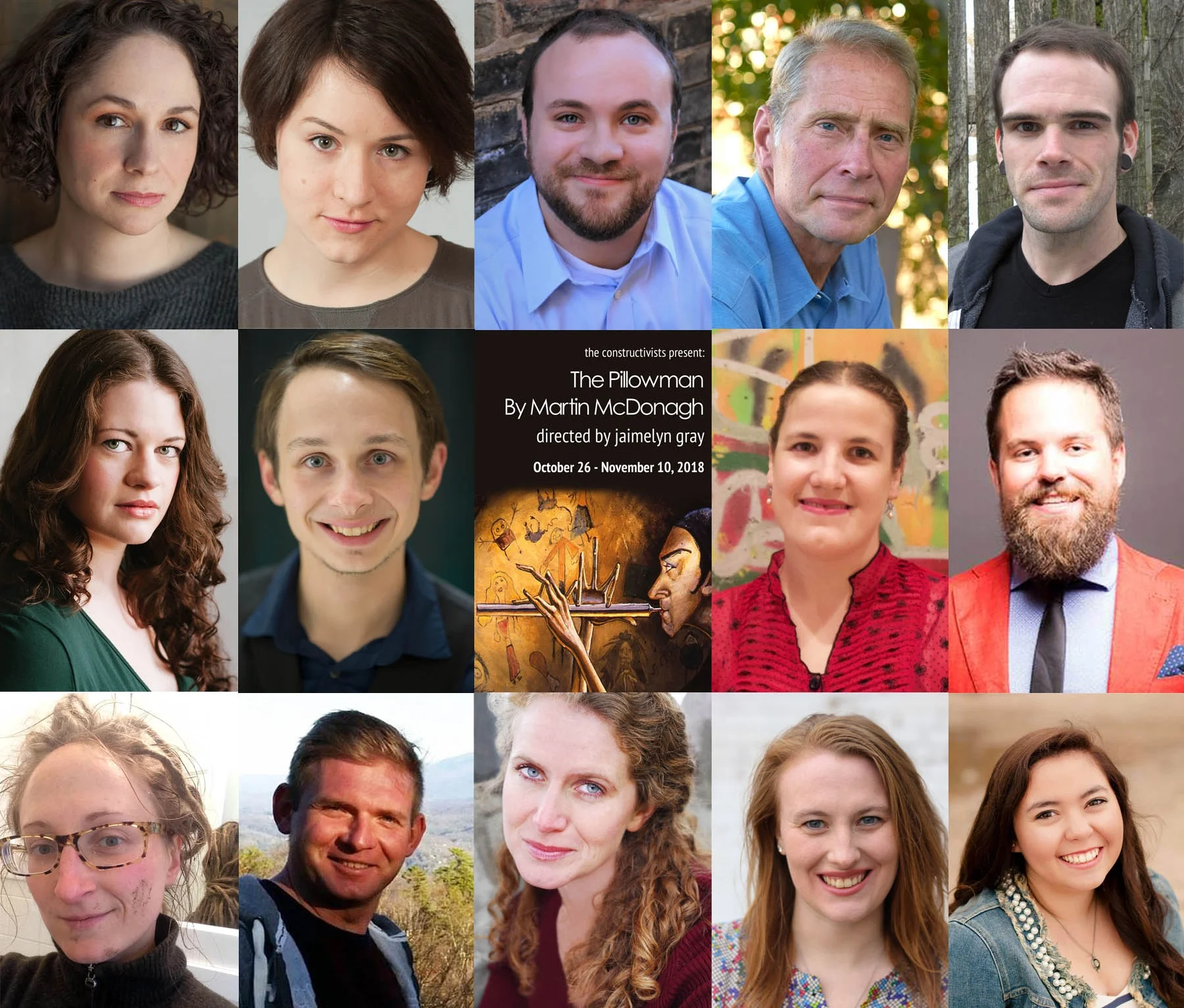 From top left, l-r: Jaimelyn Gray (Director), Rose Grizzell (Katurian), Logan Milway (Michal), Jaime Jastrab (Tupolski), Rob Schreiner (Ariel), Emmaline Friederichs (Mother), Jarrod Langwinski (Boy), Sarah Harris (Set and Costume Design), Robert Hornbostel (Sound Design), Ellie Rabinowitz (Lighting Design), Les Zarzecki (Technical Direction and Set Construction), Laura Sturm (Voice and Movement), Kellie Wambold (PR & Marketing), and Krista Kanderski (Stage Management).