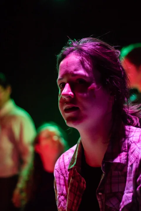 Rose Grizzell as Katurian in The Constructivists' production of “The Pillowman,” by Martin McDonagh, Directed by Jaimelyn Gray. Photos by Christal Wagner Photography. October 26 – November 10, 2018 at The Underground Collaborative, 161 W. Wisconsin Ave, Milwaukee, Wisconsin.