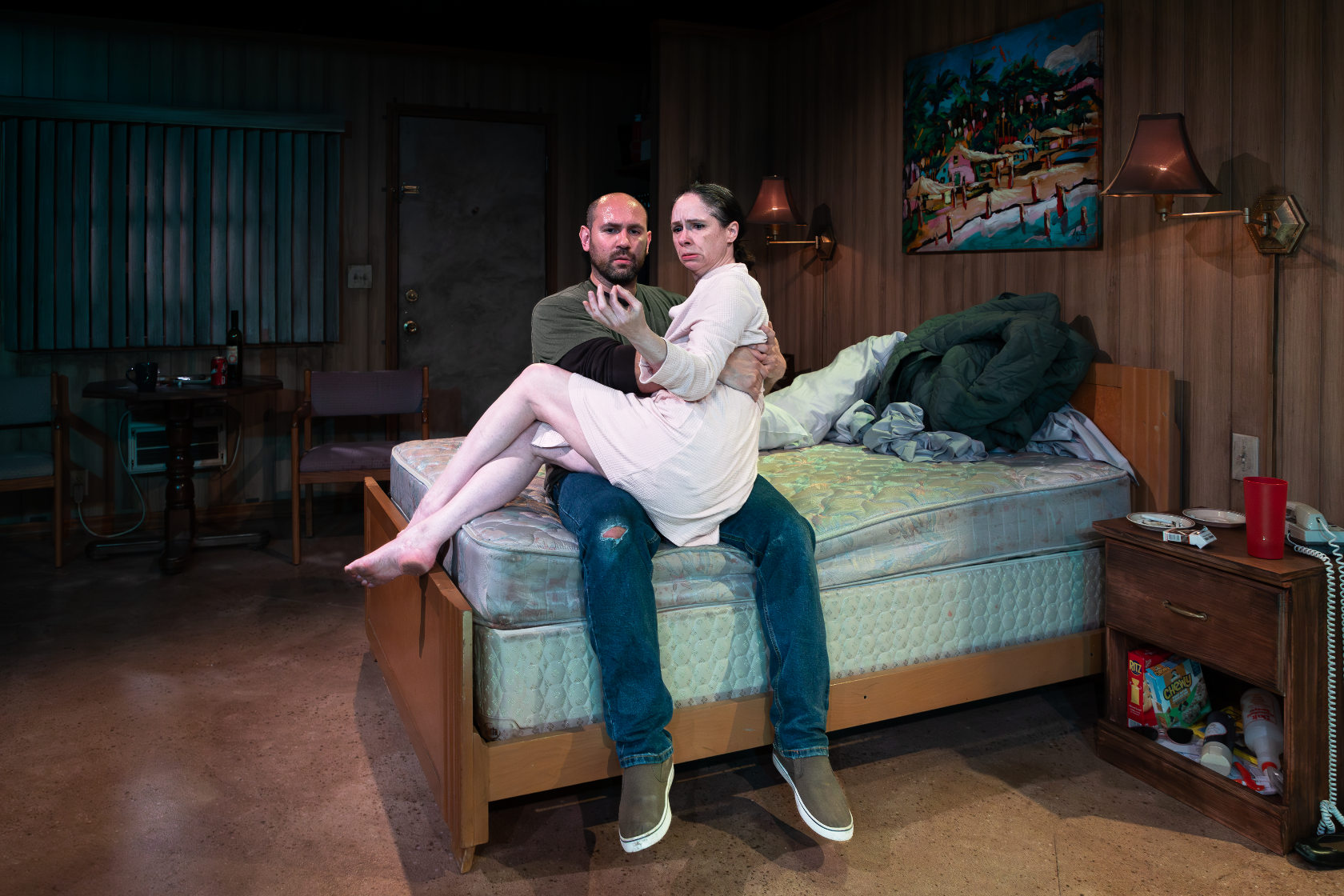  Joe Lino, (Peter), Jaimelyn Gray (Agnes) BUG By Tracy Letts April 25-May 9, 2026 Directed by Maya Danks Photo by Jake Badovski, Kłamię Studios Scenic Design: Sarah Harris, with Set Construction: Les Zarzecki, Lighting Design: Ellie Rabinowitz, Assoc