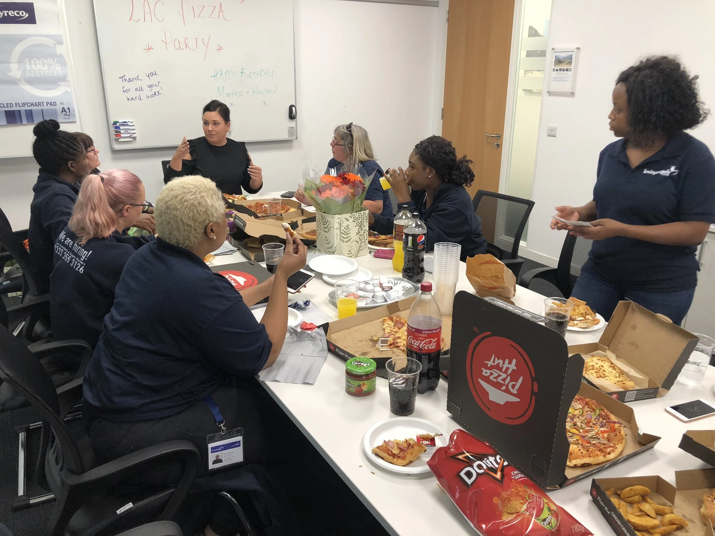 Pizza party with our carers at our old offices at Regus, Brackmills, Northampton