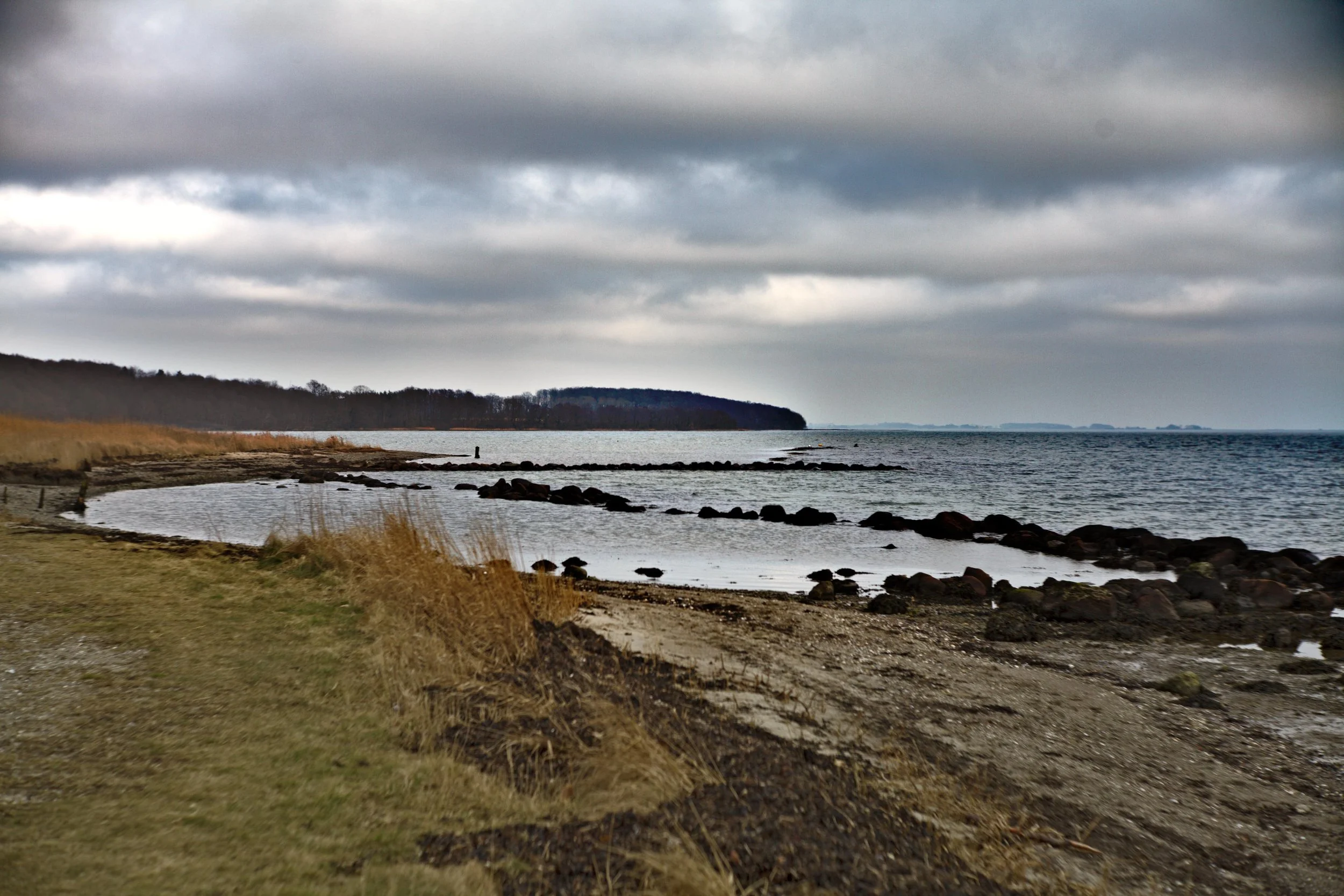Coastal landscape with cloudy sky and rocky shoreline
