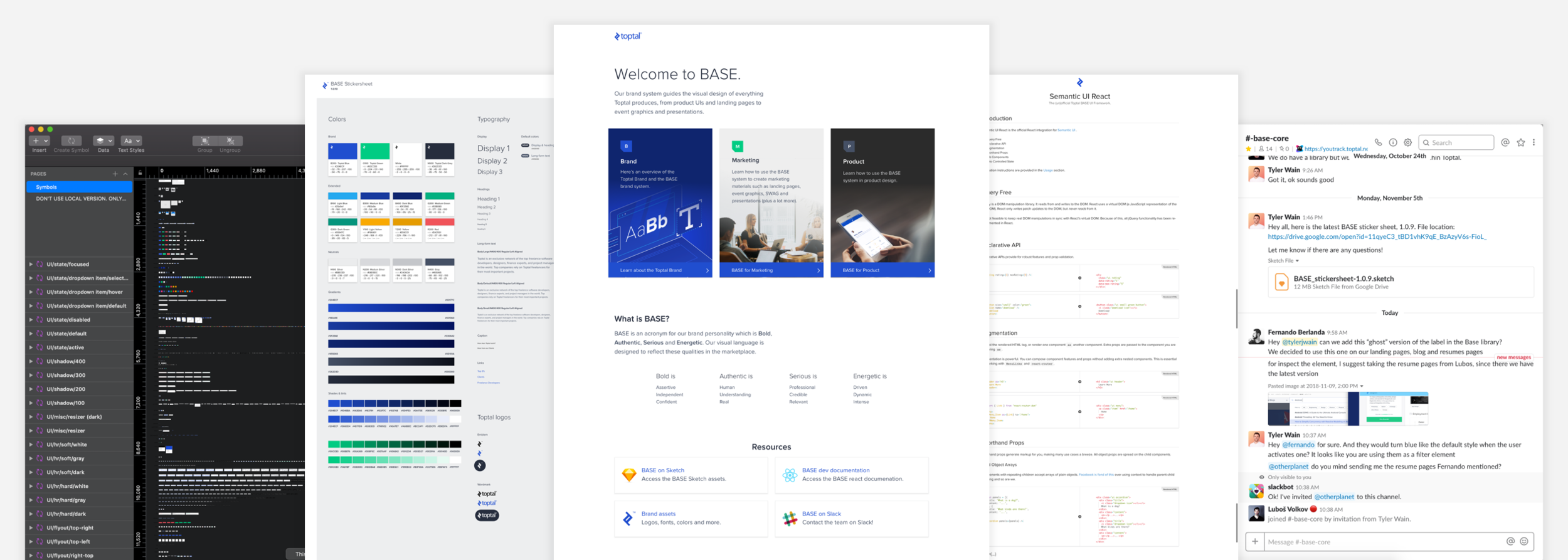 Figure 6: Collection of BASE products. I began this project with the goal of providing our design team with shared tools. That has expanded to encompass (from left to right) a Sketch Library, Sketch sticker sheet, website, developer guidelines, Slac…