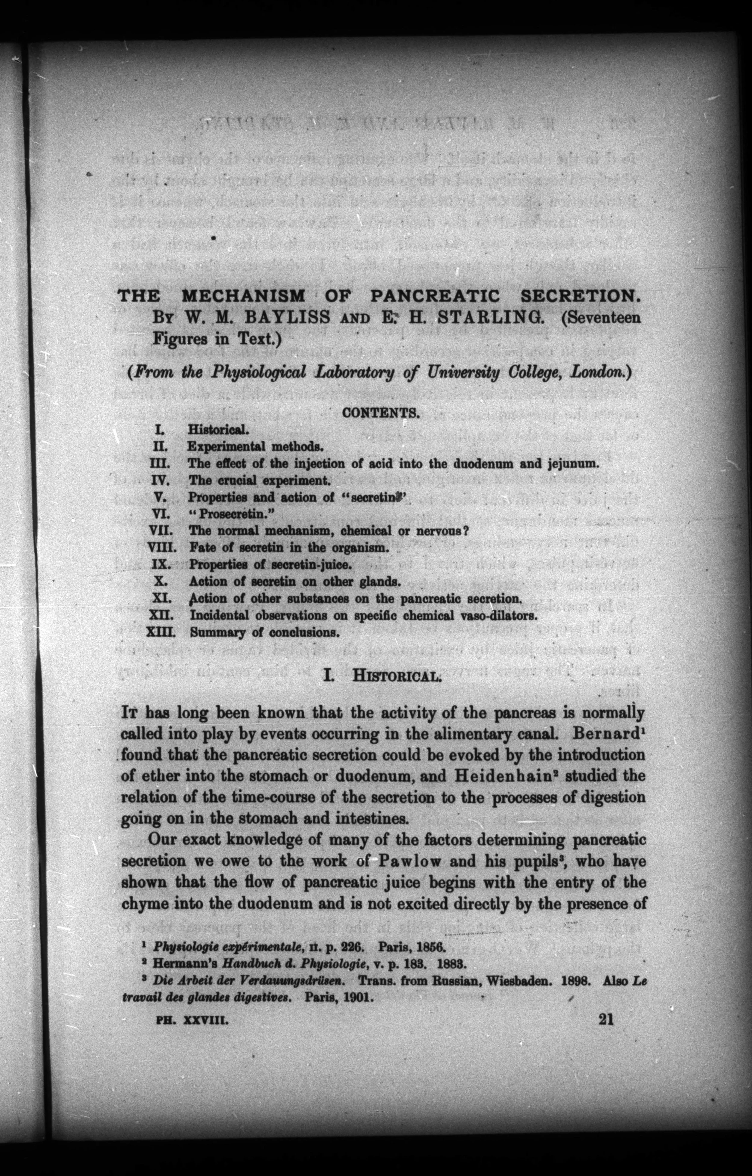 First page of Bayliss and Starling's 1902 Journal of Physiology paper on the mechanism of pancreatic secretion