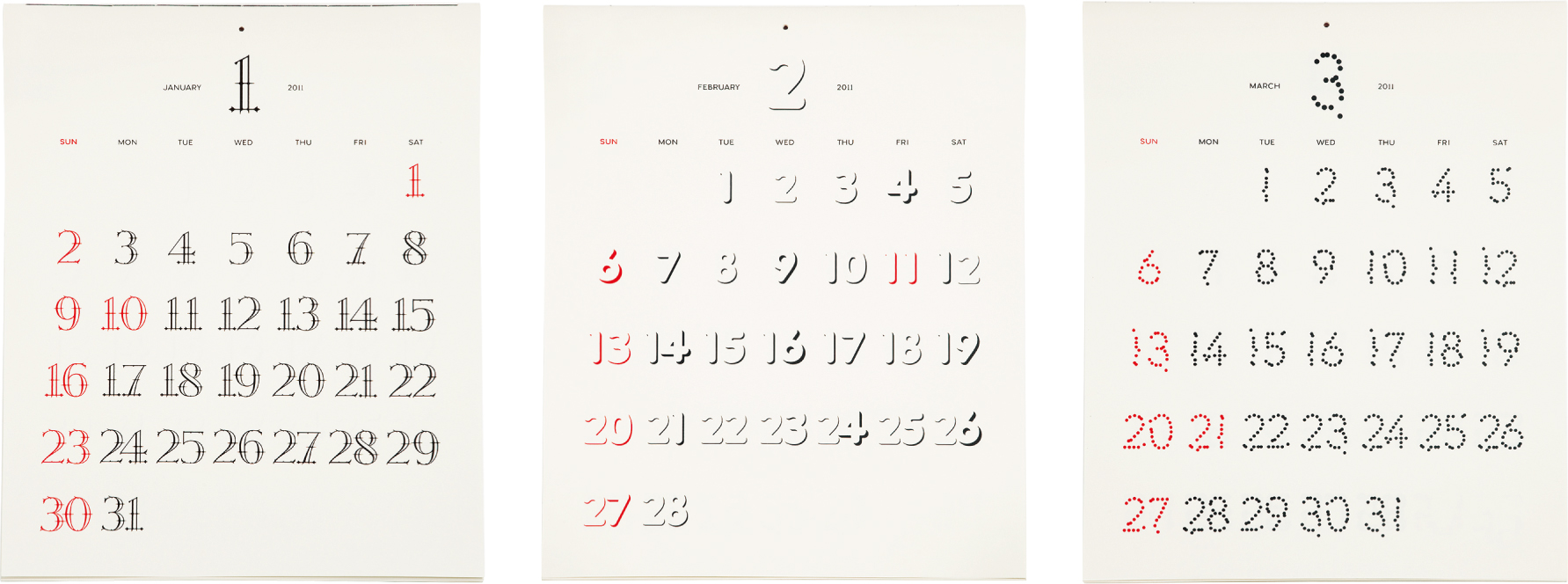 from left: January_ Thorn , February_ Snow, March, Seed