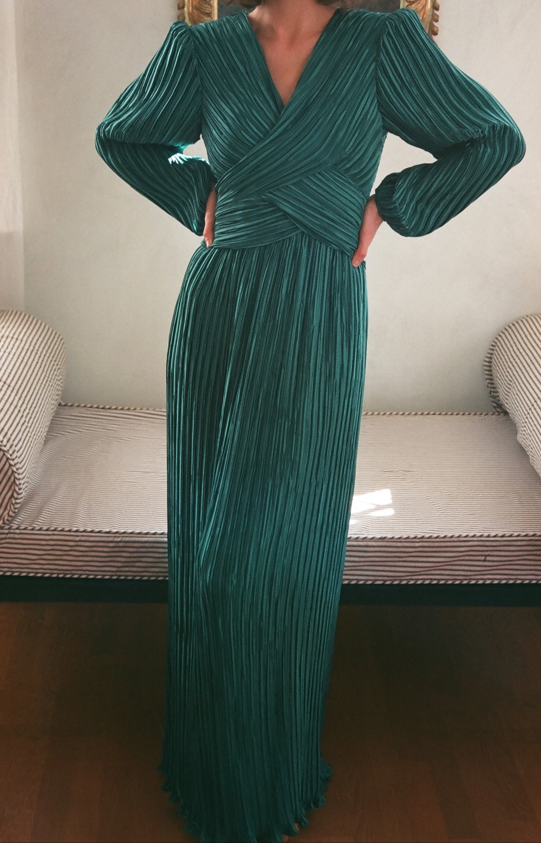 Vintage Emerald Pleated Puffed Sleeve Dress — Lucia Zolea