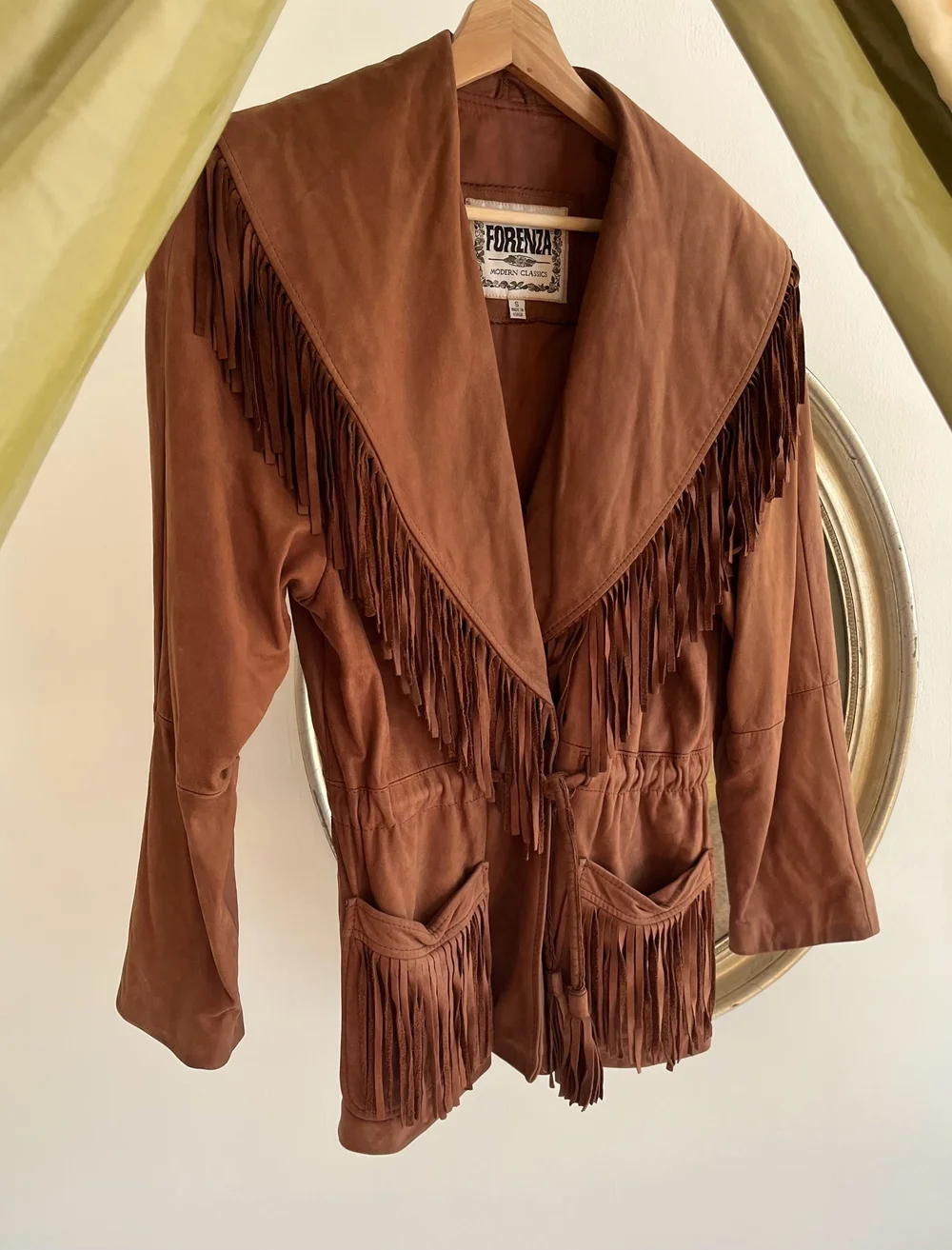Vintage Chocolate Brown Collared Fringed Suede Tie Jacket — Lucia