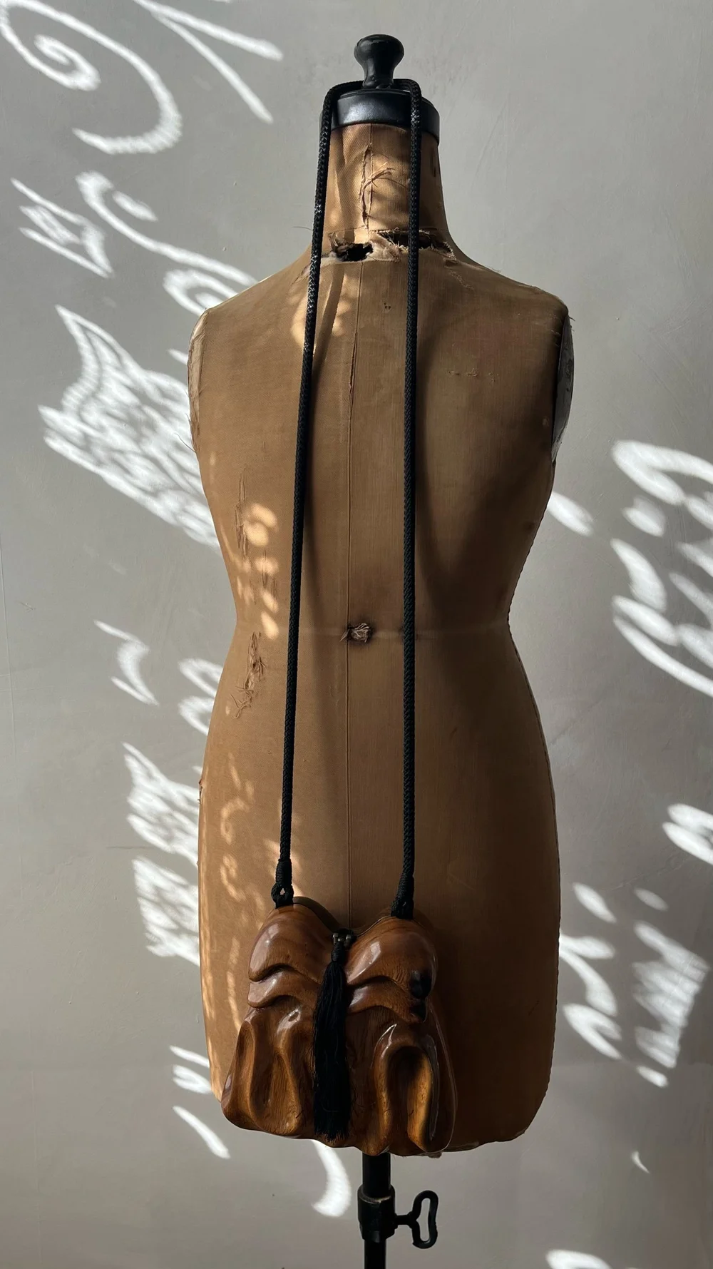 Vintage Timmy Woods Handmade Sculptural Wooden Tasseled Purse