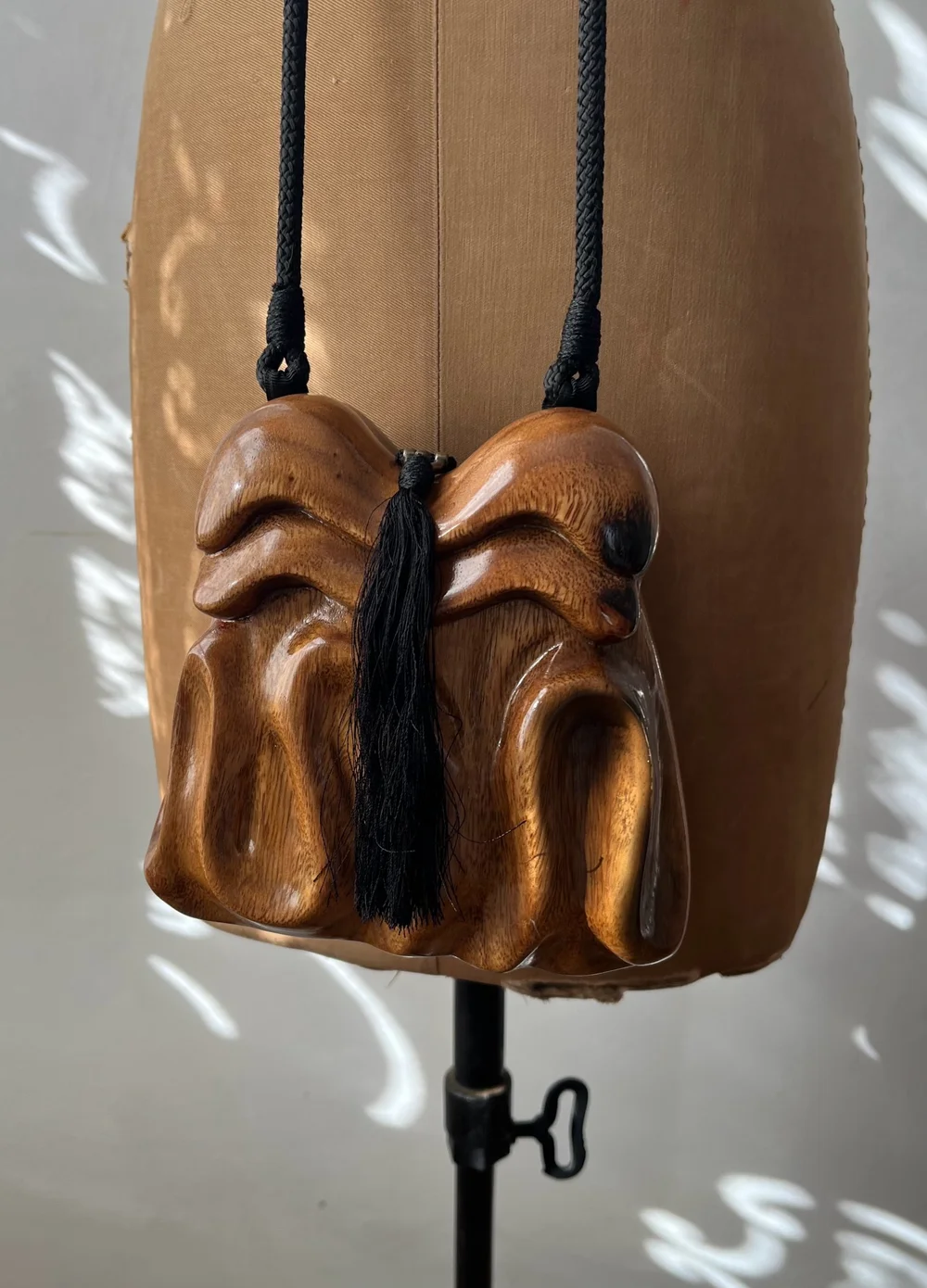 Vintage Timmy Woods Handmade Sculptural Wooden Tasseled Purse