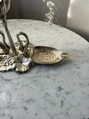 Vintage Rare Silver Tone Swan Candlestick Ashtray Centerpiece