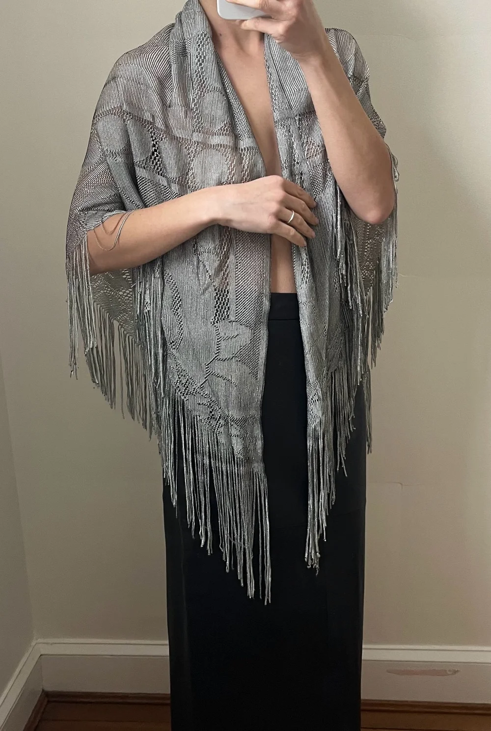 Vintage Rare Silver Metallic Swan Fringed Knit Shawl — Lucia Zolea