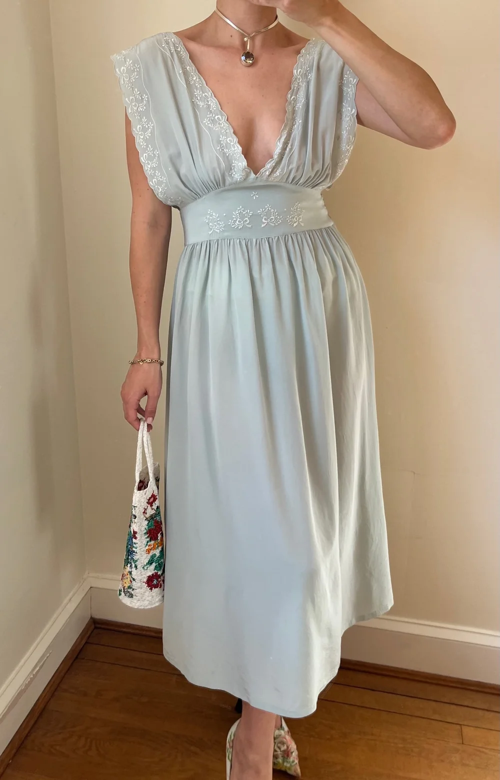 Rare Vintage 1930s Sky Blue Pure Silk Ribbon and Floral Embroidered Dress   Lucia Zolea