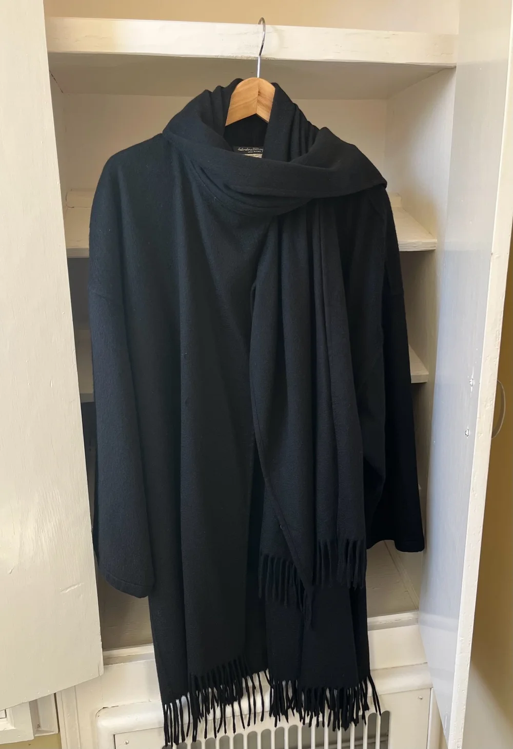 Vintage Salvatore Ferragamo Black Cashmere Fringed Scarf Coat