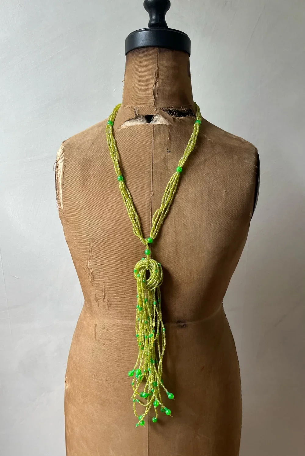 Vintage Lime Green Beaded Fringed Pendant Necklace
