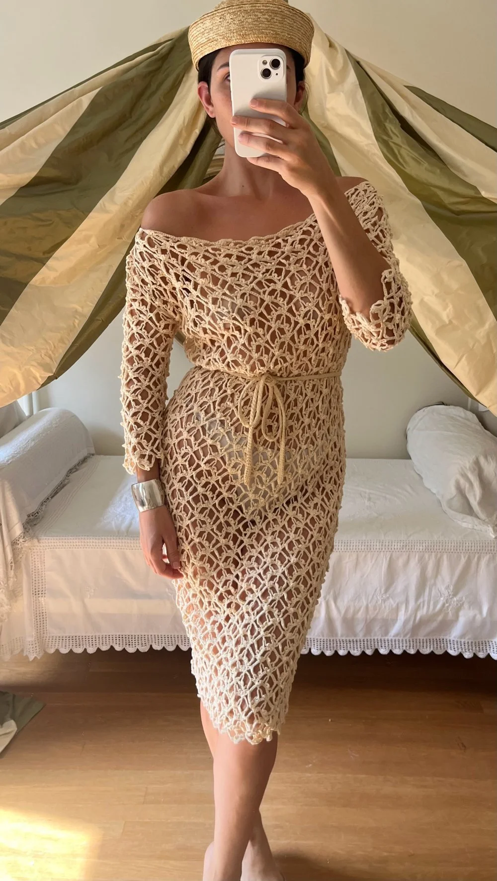 Vintage Open Weave Crochet Knit Off Shoulder Dress