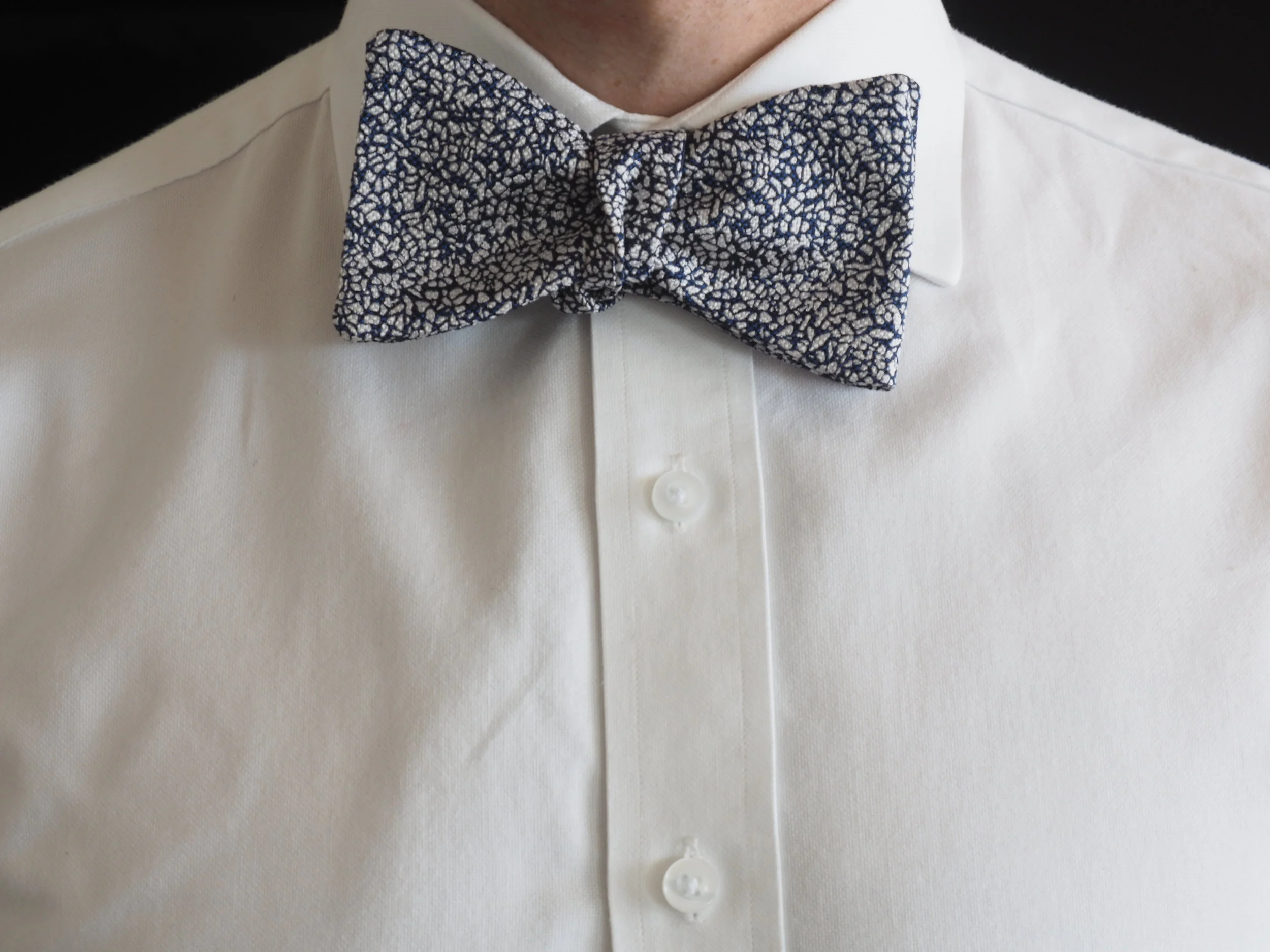 Blue and white silk bow tie