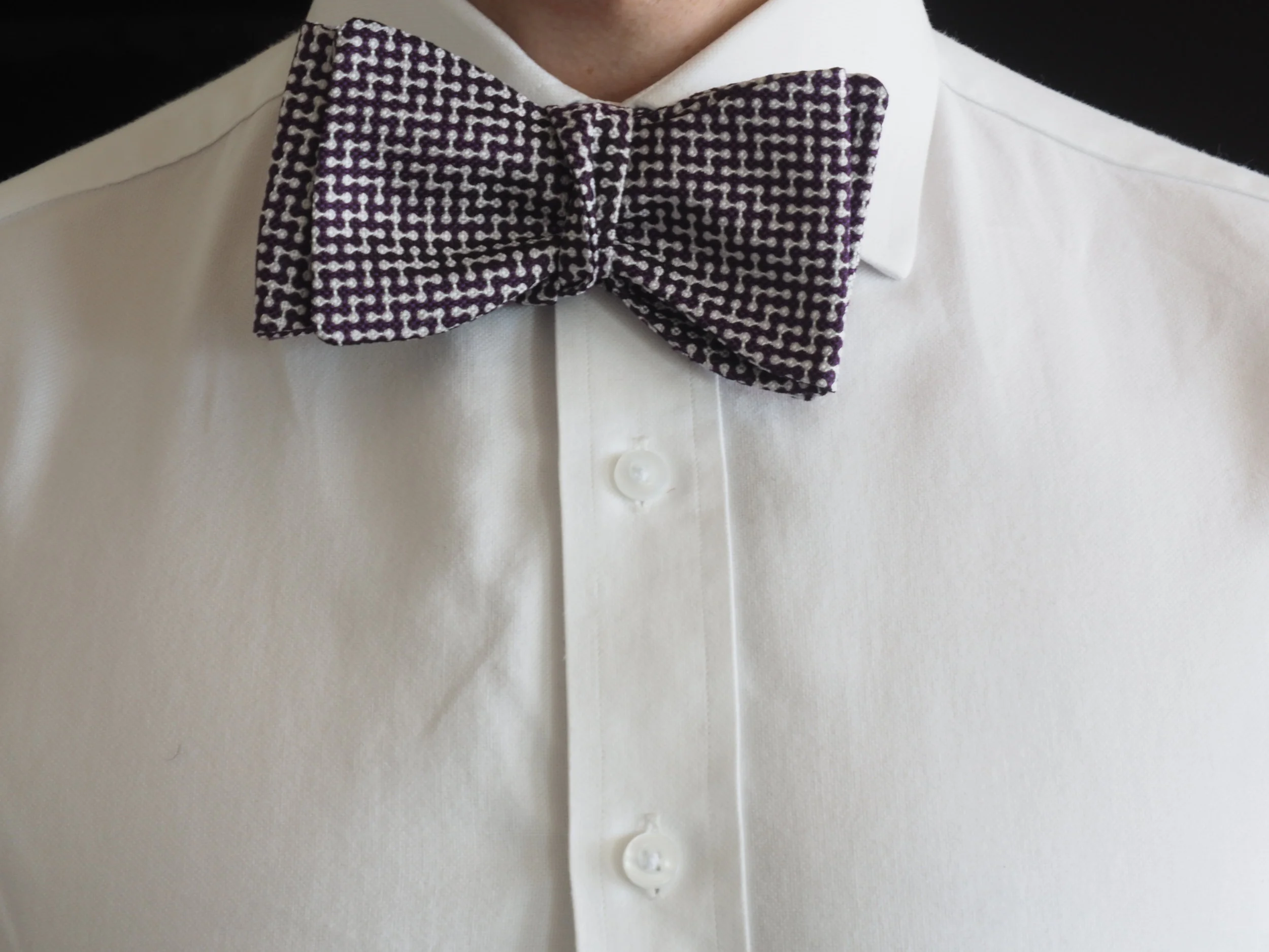 Purple and white silk bow tie