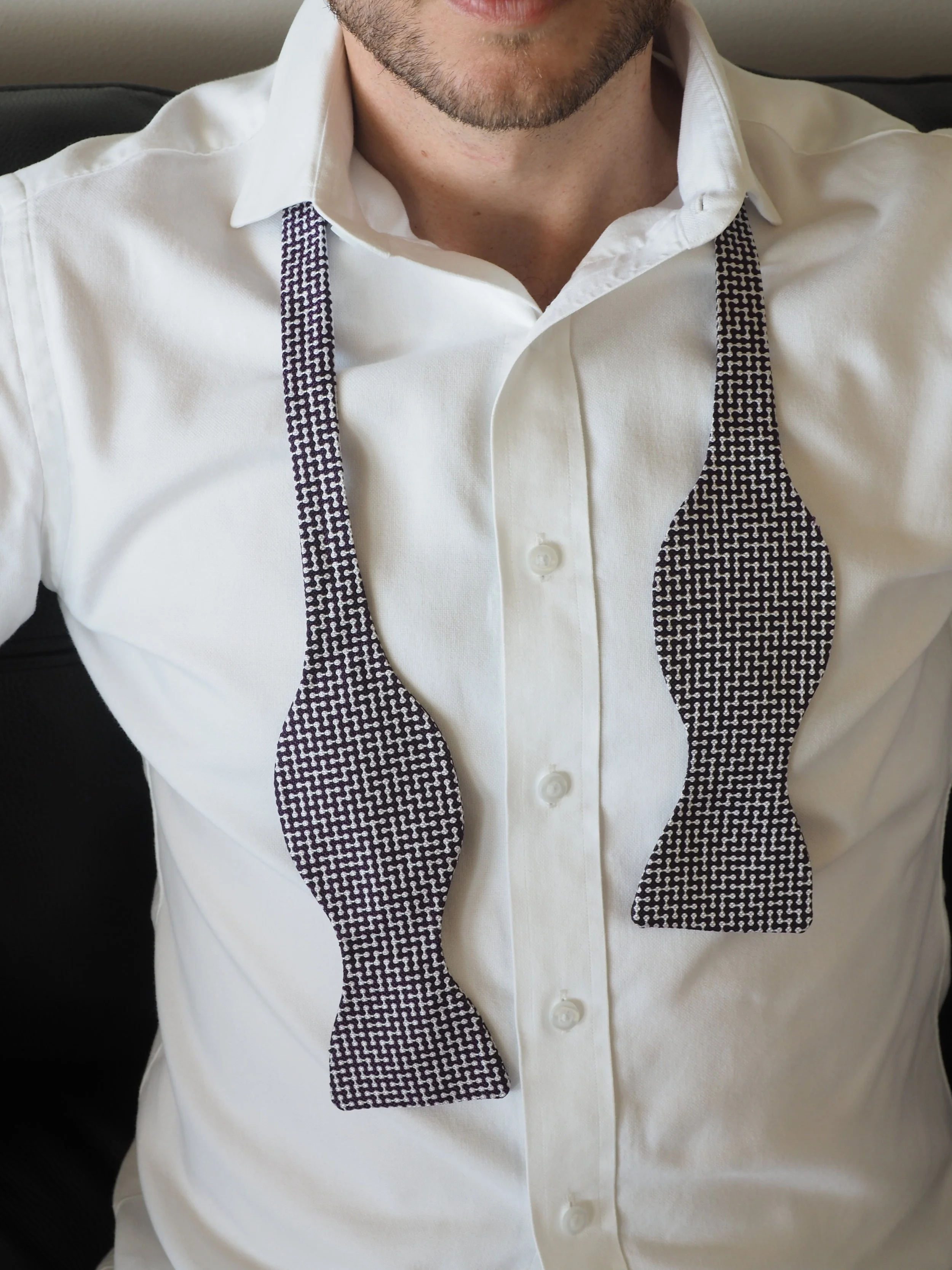 Purple and white silk bow tie