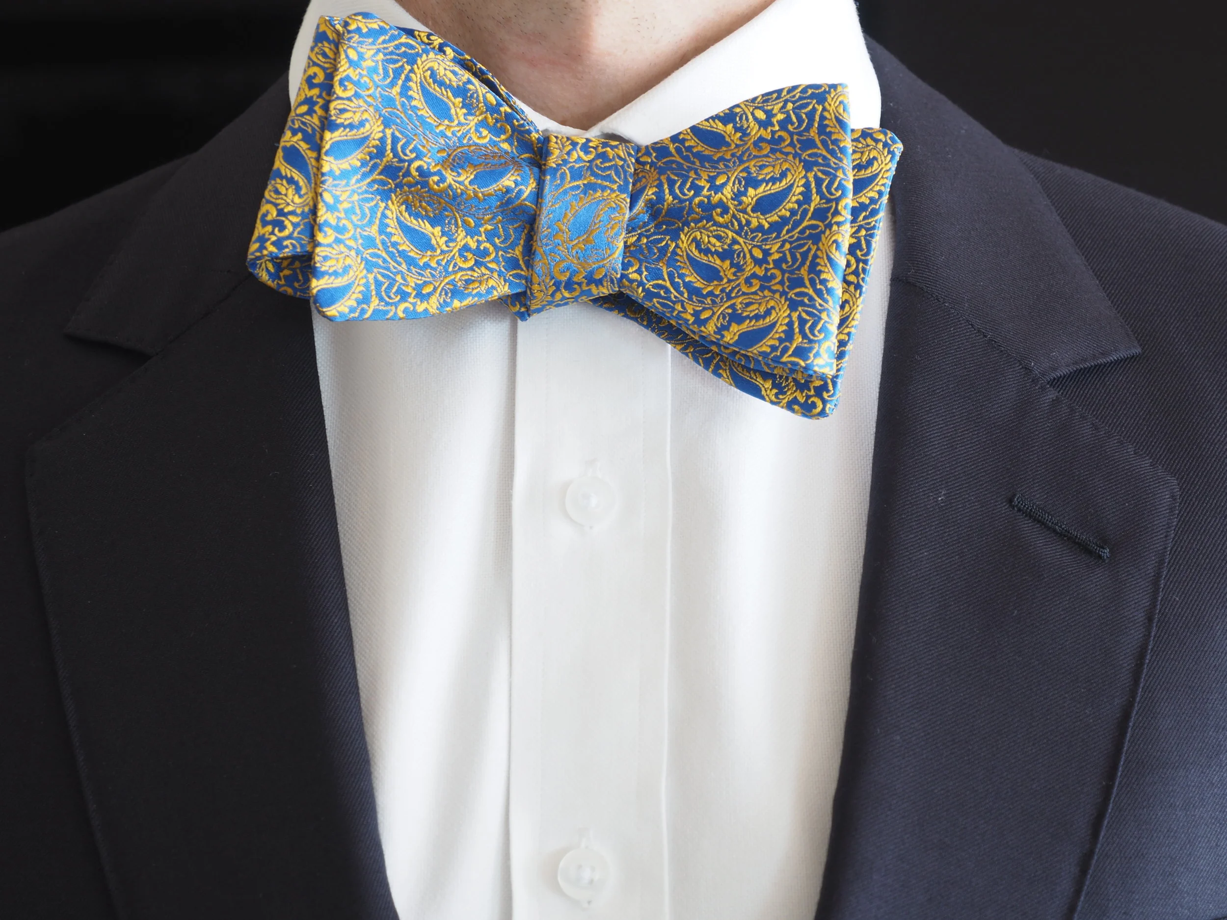 gold and blue paisley silk bow tie