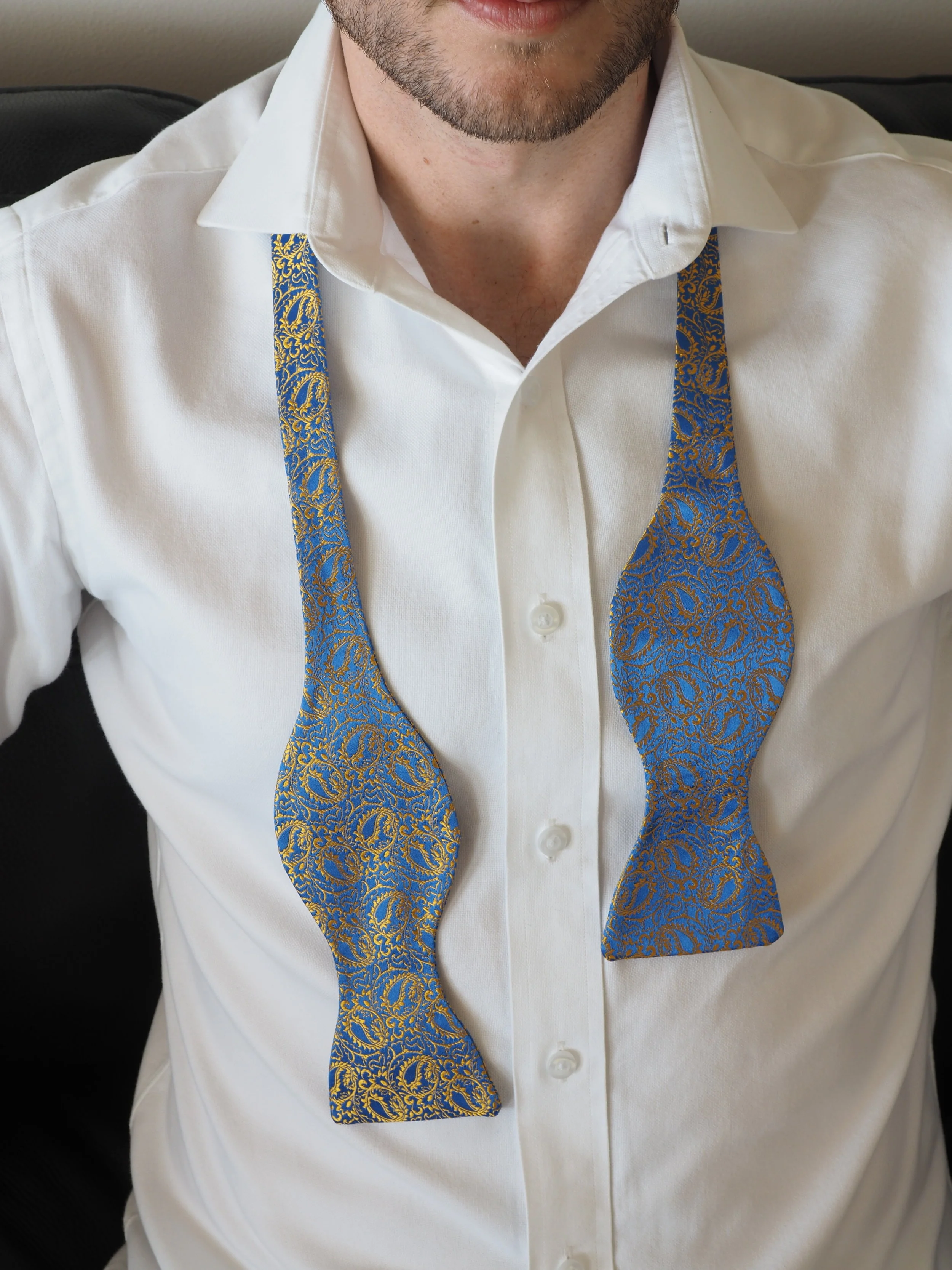 gold and blue paisley silk bow tie