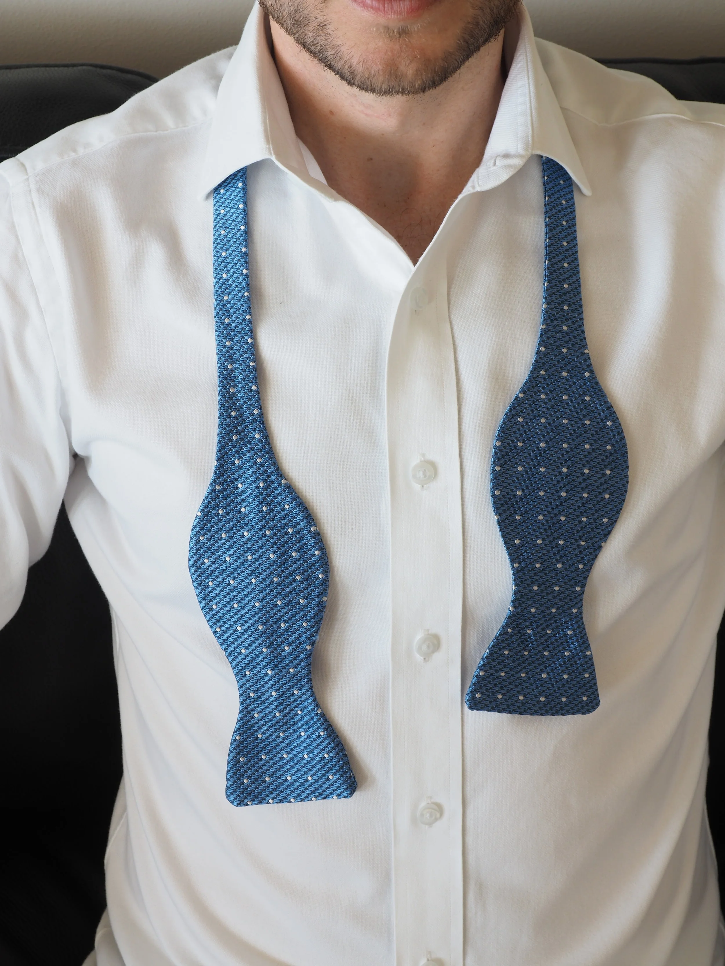 blue and white poka dot silk bow tie