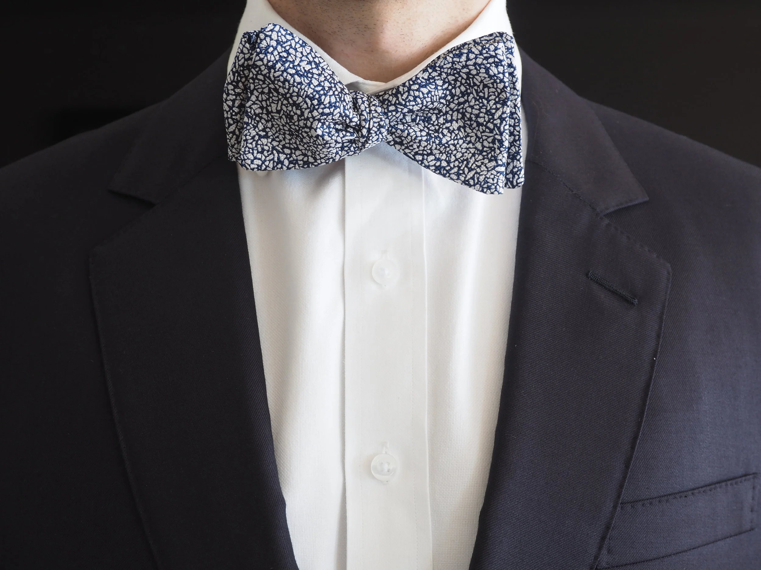 Blue and white silk bow tie