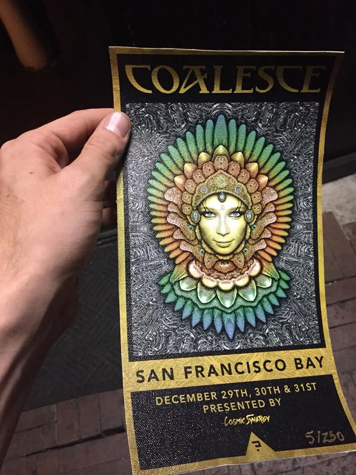 Cosmic Synergy teased the announcement of Coalesce through covert, clever marketing. These high-quality, collectible flyers were first distributed at A Benefit Show for Sibel Yalin at the Black Box in Denver in mid-September.