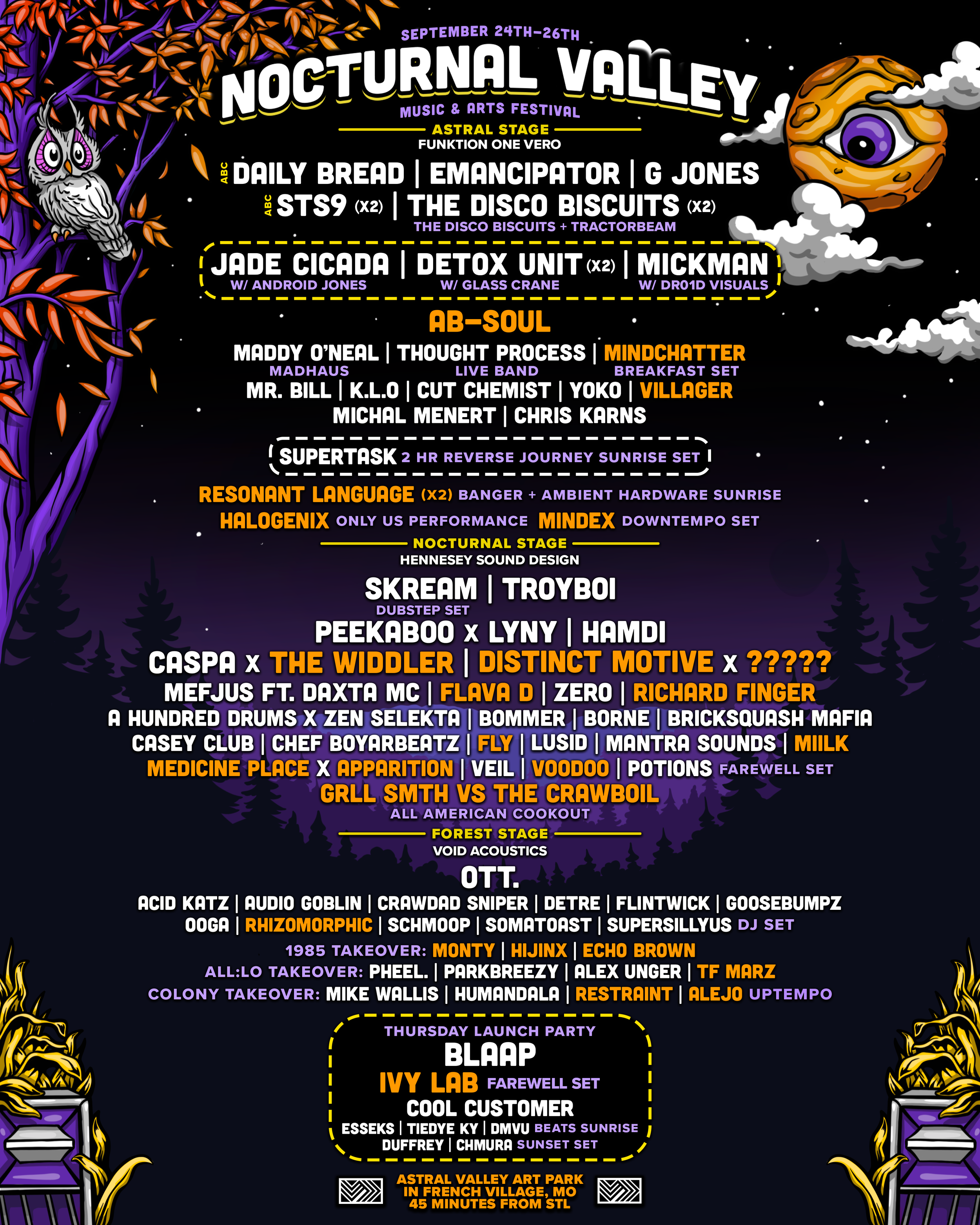 Nocturnal Valley Music &amp; Arts Festival ft. Daily Bread, The Disco Biscuits, Emancipator, Jade Cicada, Detox Unit, Mickman, pheel., and many more at Astral Valley Art Park - French Village, MO