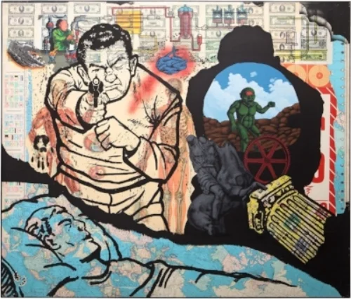 David Wojnarowicz (1954–1992), History Keeps Me Awake at Night (For Rilo Chmielorz), 1986. Acrylic, spray paint, and collaged paper on composition board, 72 x 84 in. (170.2 x 200 cm). Collection of John P. Axelrod. Photograph by Ron Cowie