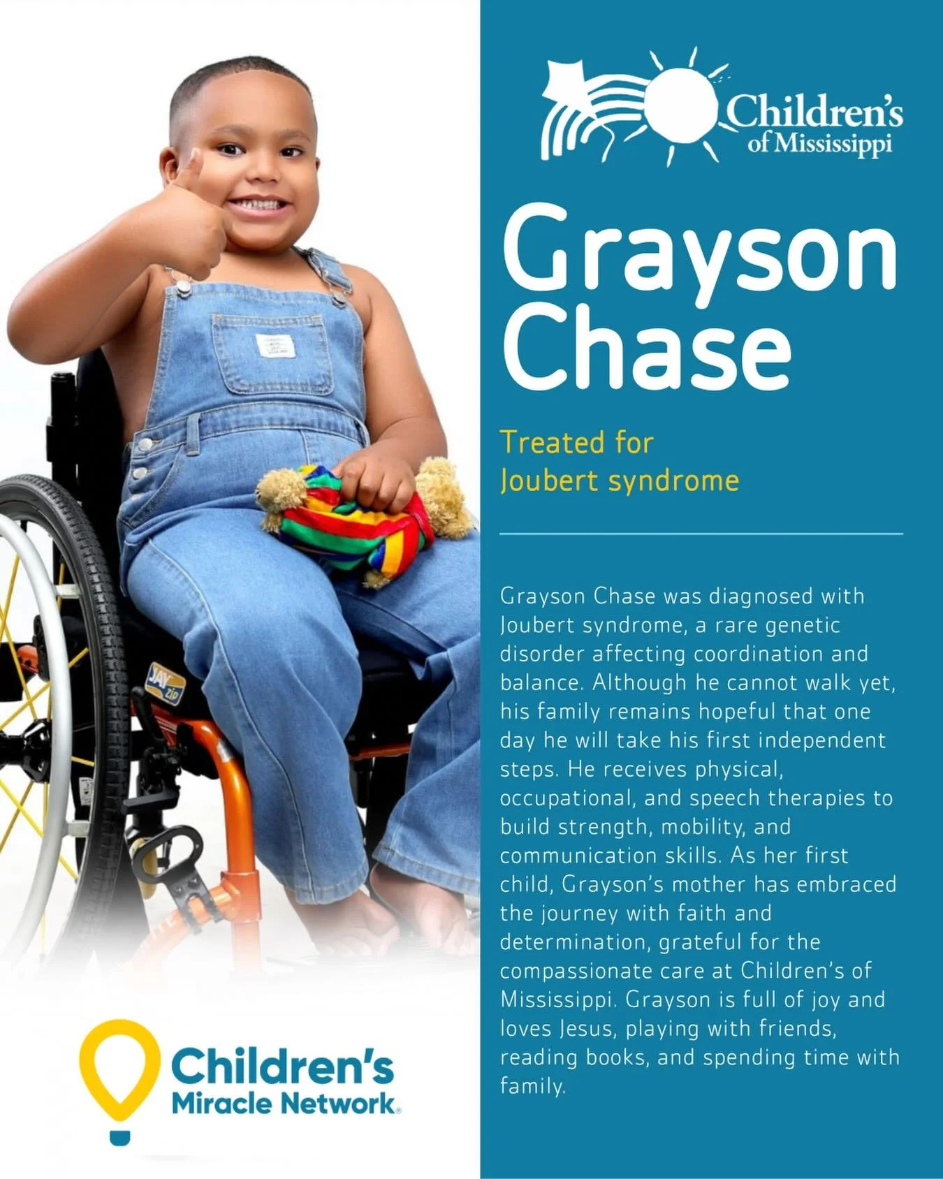 Meet one of our incredible 2026 RebelTHON Champions, Grayson Chase💙

A joyful little boy diagnosed with Joubert syndrome, a rare genetic disorder that affects coordination and balance, Grayson is not walking yet but works hard every day through phys