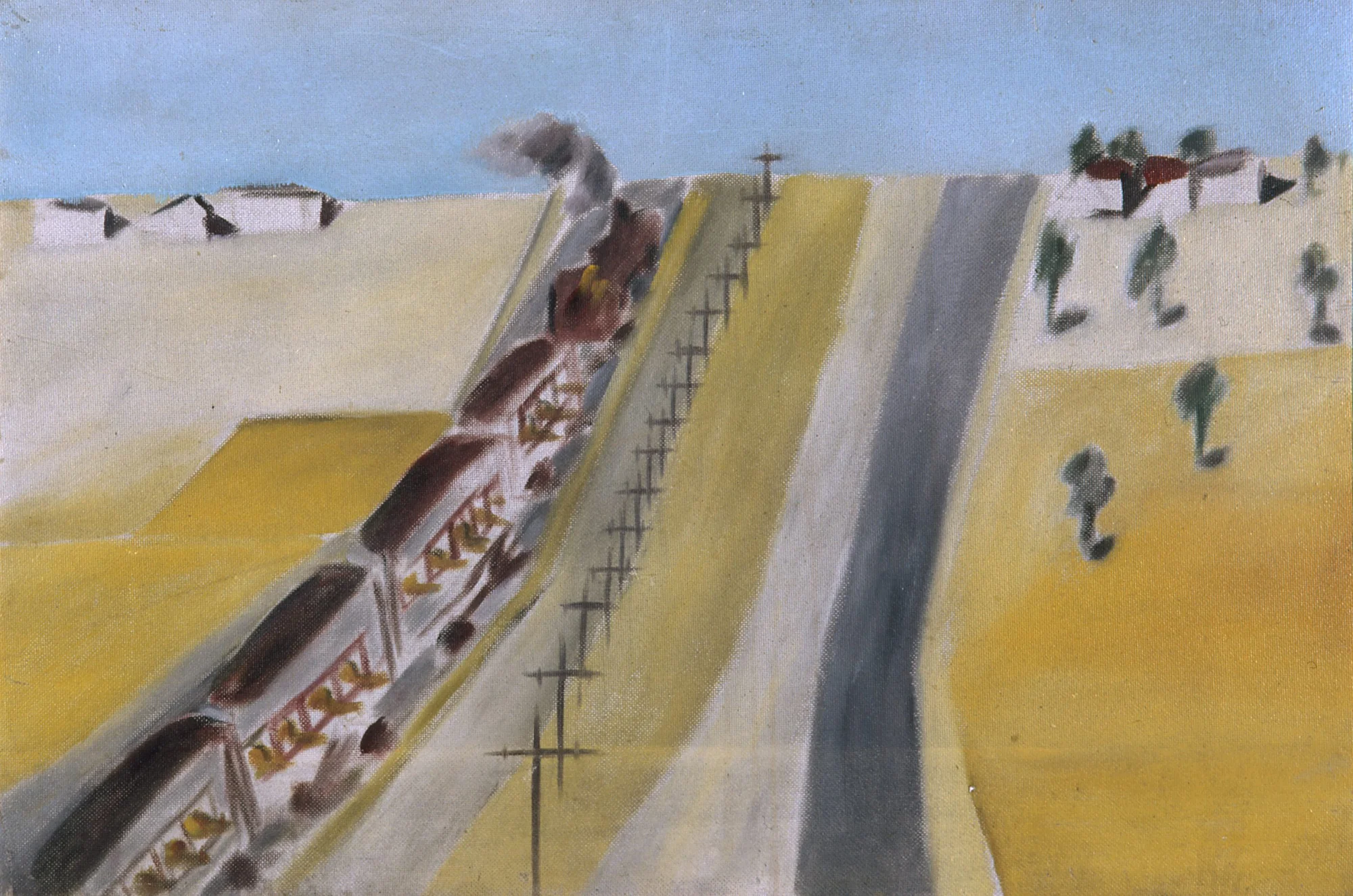 Sidney Nolan Wimmera Landscape (Landscape with Train) 1943 Ripolin enamel on composition board 61 x 91 cm Heide Museum of Modern Art, Melbourne Purchased from John and Sunday Reed 1980 © Sidney Nolan TrusT