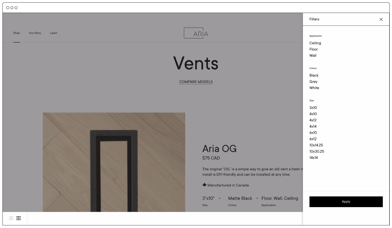 screencap of filter function on aria vent's shopify ecommerce store