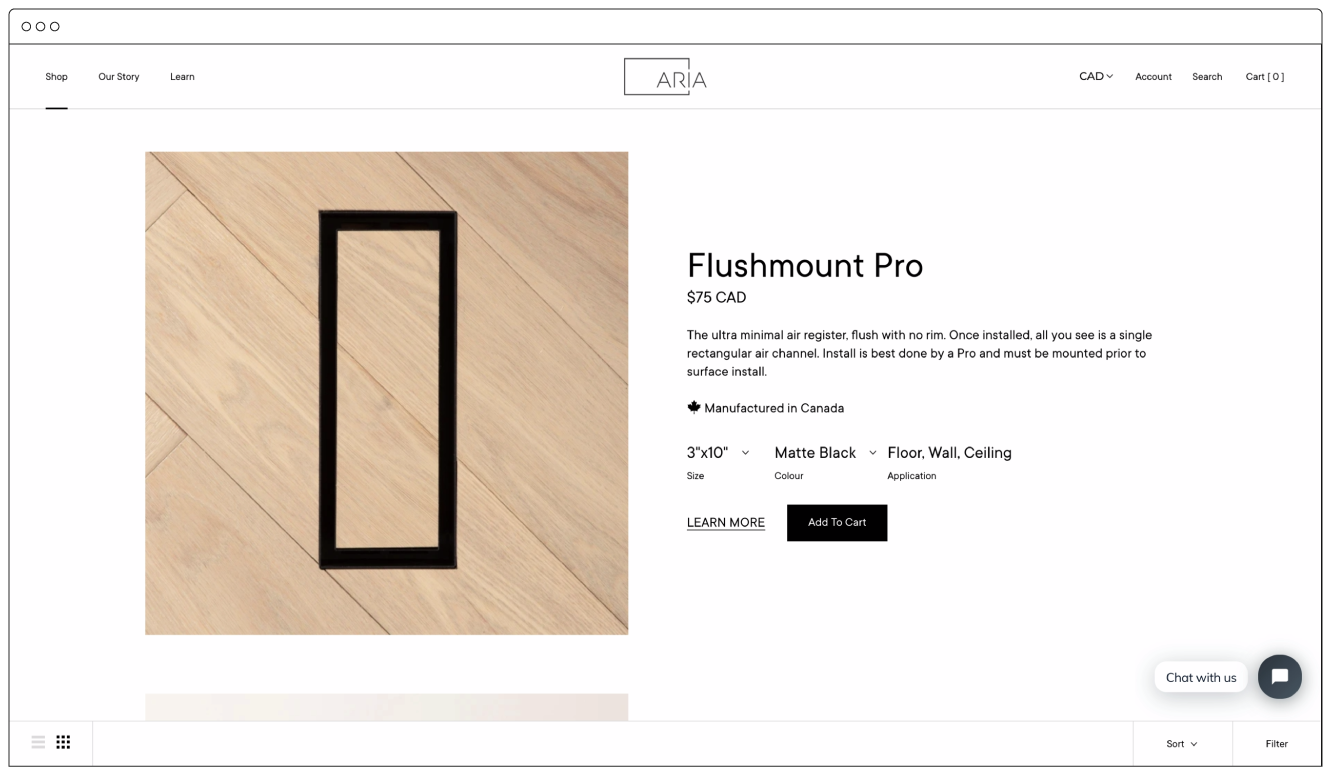 screencap of aria vent's flushmount pro product page