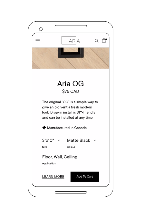 mobile friendly screencap of aria OG product page from shopify store