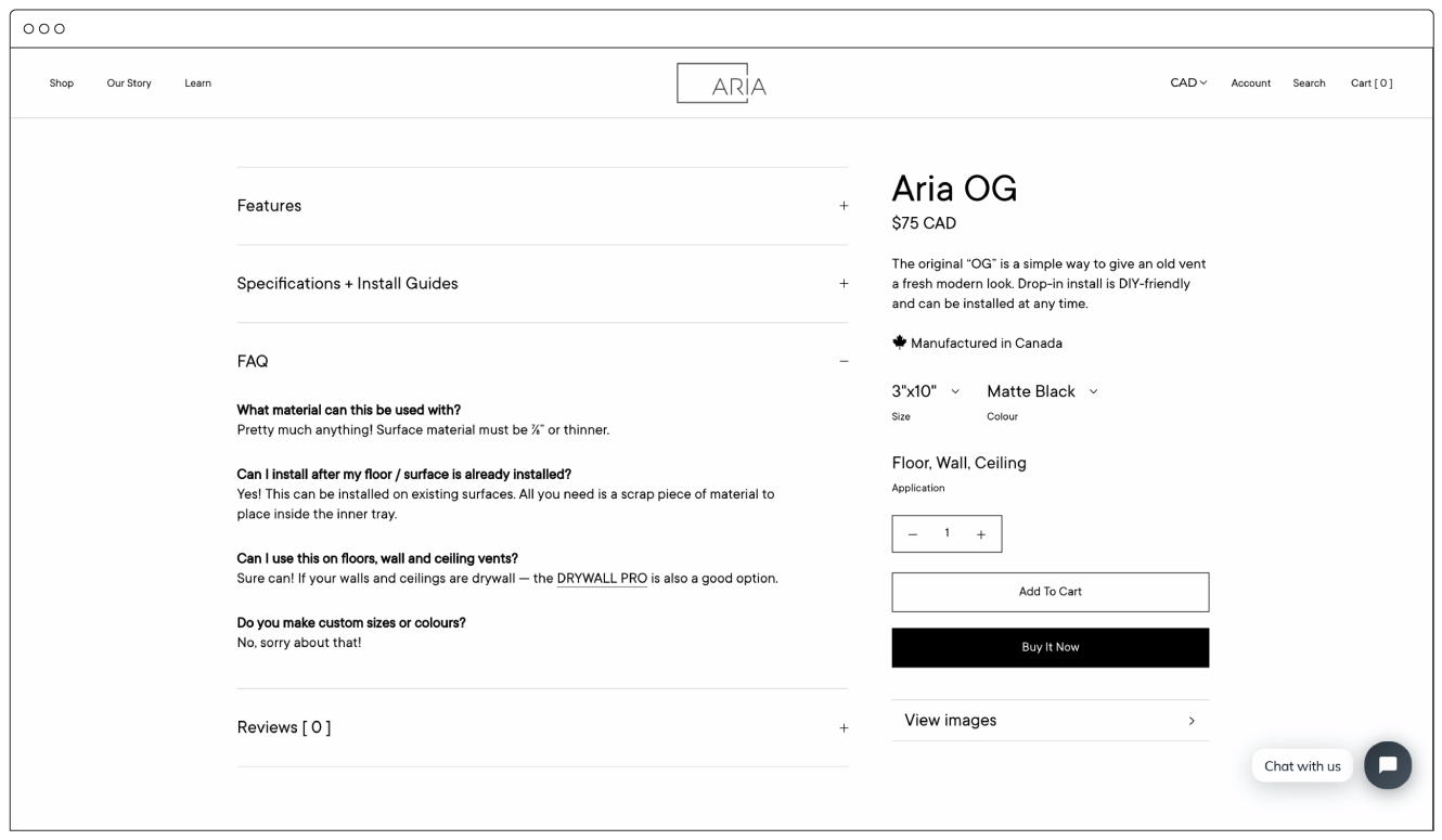 deskstop screencap of aria og product page with FAQ dropdown menu previewed