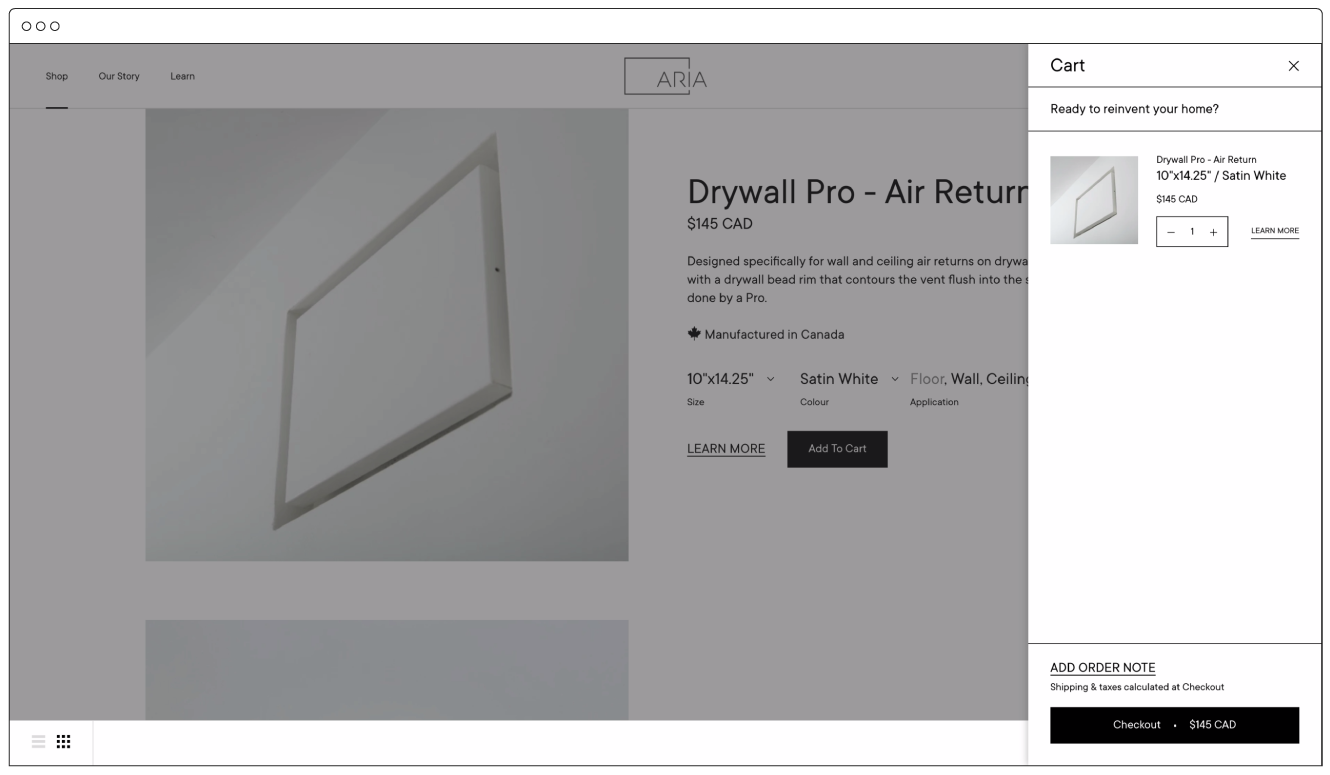 desktop screencap of aria vents ecommerce store with drywall pro in shopping cart side menu