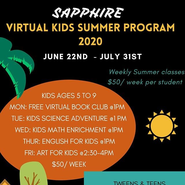 ☀️ Virtual Summer classes and programs for kids and teens . 
We are very excited to share this program. We have gathered some of the best educators and creators in the field. 
We are offering reading, English,  math enrichment, science adventure and 