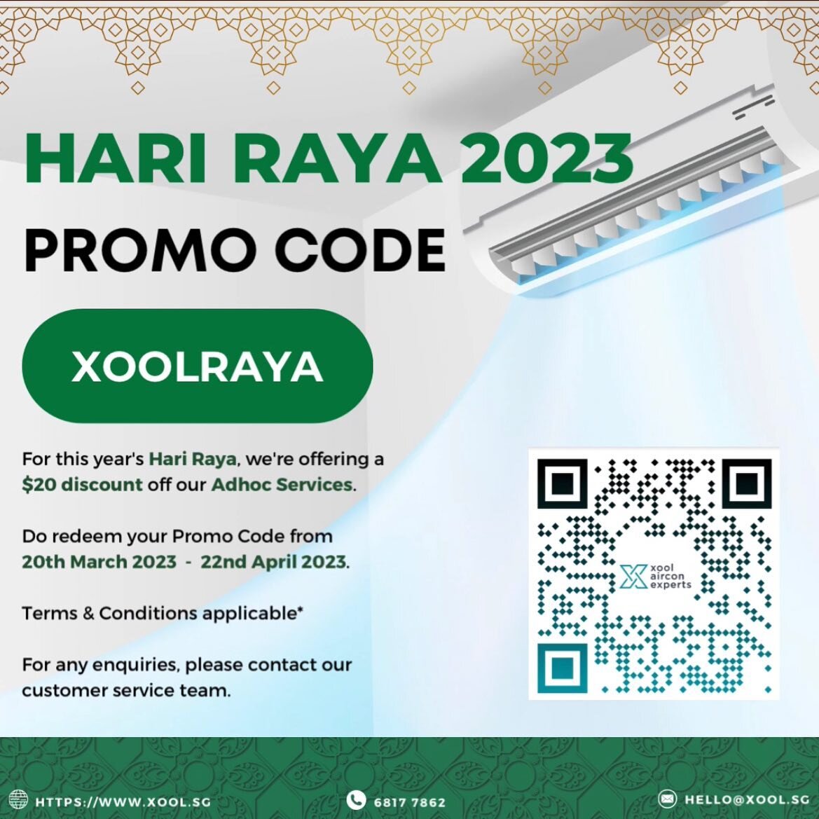 ☪️HARI RAYA 2023☪️

Use promo code &quot;XOOLRAYA&quot; to redeem your $20 discount on our Adhoc services.

Do redeem it by 22nd April 2023. 

✅ Apply for a fast - easy online booking and payment system with us

✅ Leave your home or office clean afte